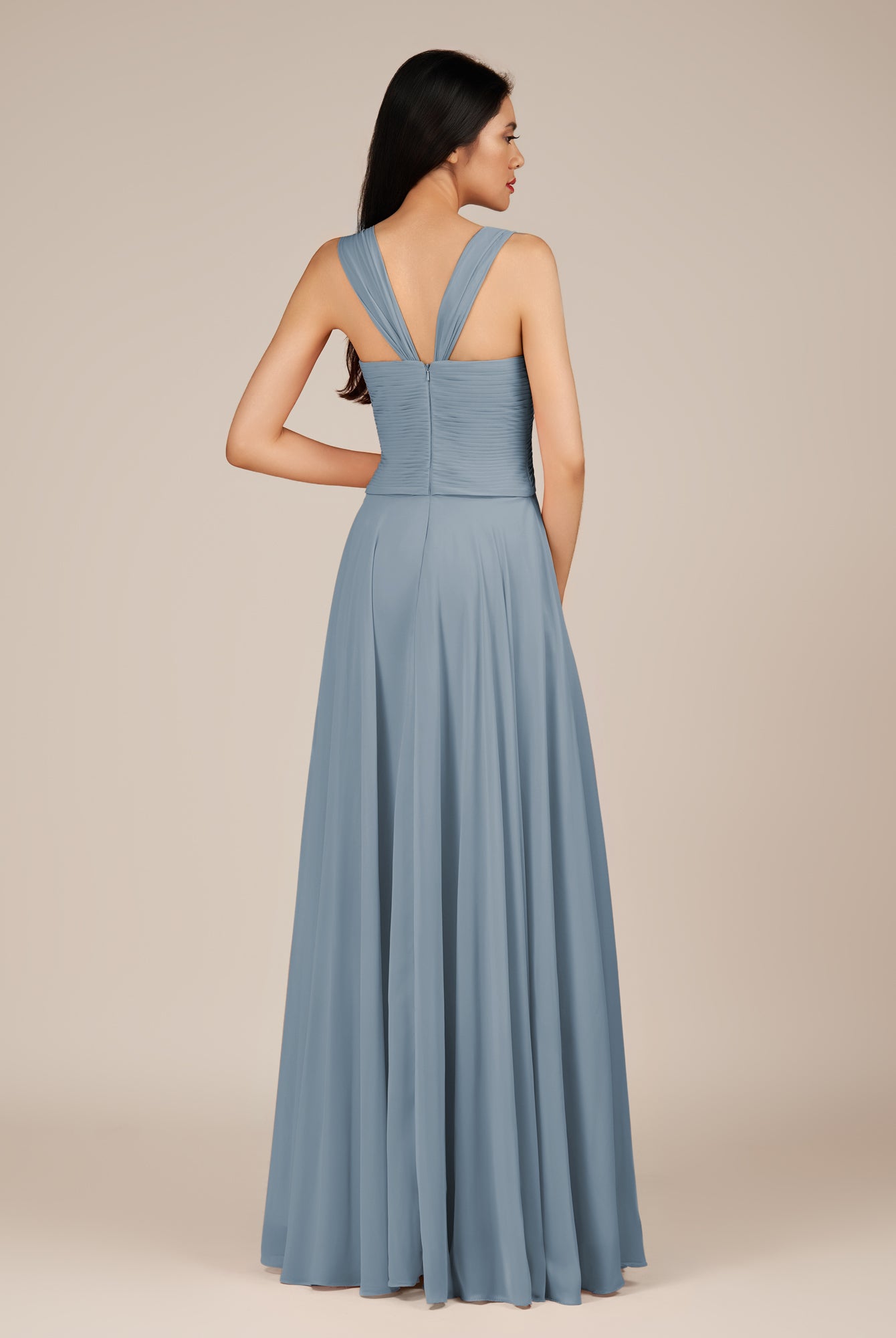 KissDress-Cerelia Dusty Blue A Line V Neck Chiffon Long Bridesmaid Dress with Pleats