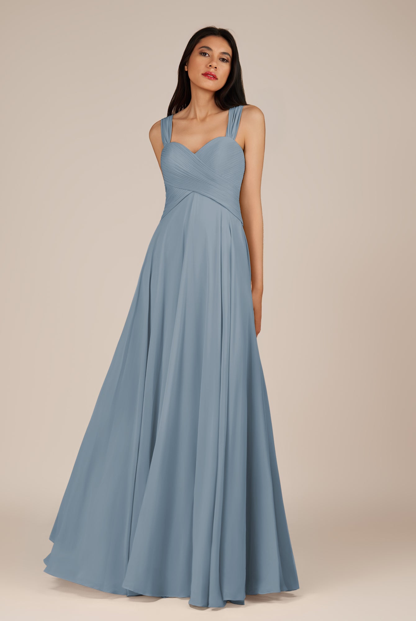 KissDress-Cerelia Dusty Blue A Line V Neck Chiffon Long Bridesmaid Dress with Pleats