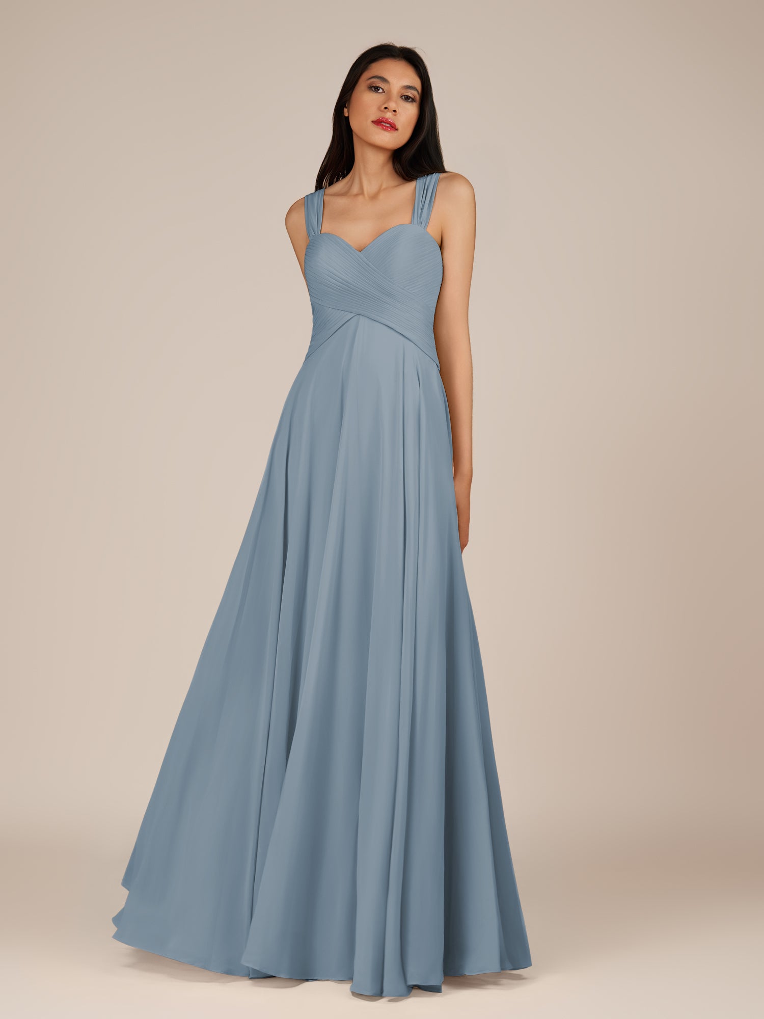 KissDress-Cerelia Dusty Blue A Line V Neck Chiffon Long Bridesmaid Dress with Pleats