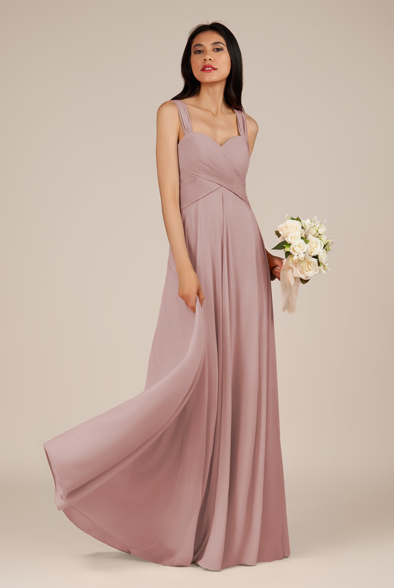 KissDress-Cerelia Dusty Rose A Line V Neck Chiffon Long Bridesmaid Dress with Pleats