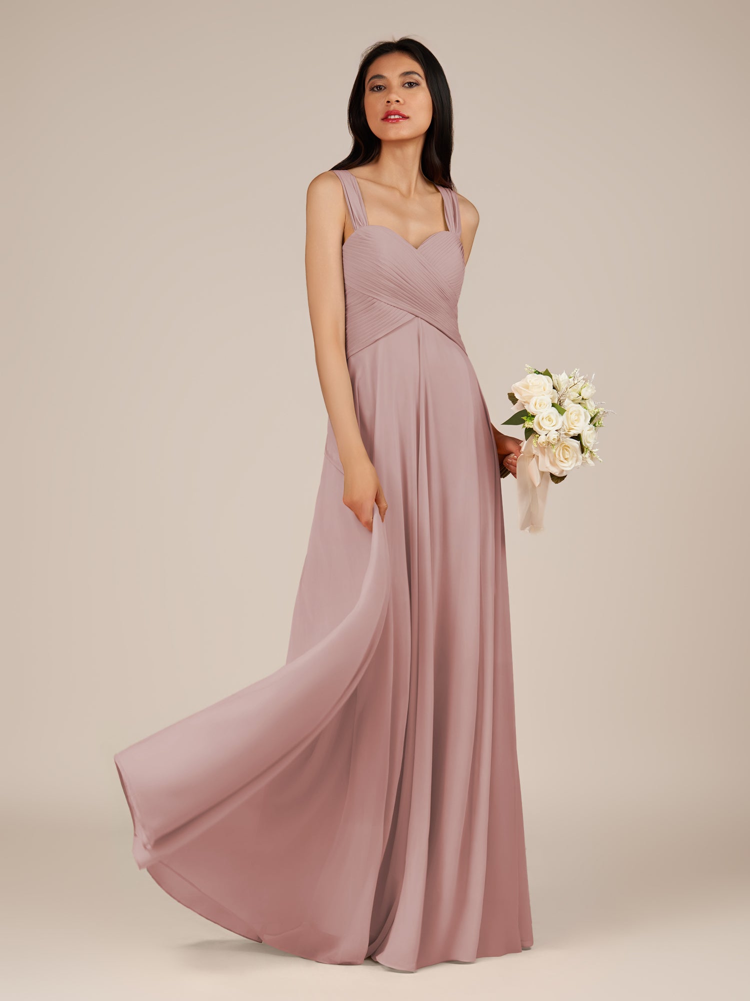 KissDress-Cerelia Dusty Rose A Line V Neck Chiffon Long Bridesmaid Dress with Pleats