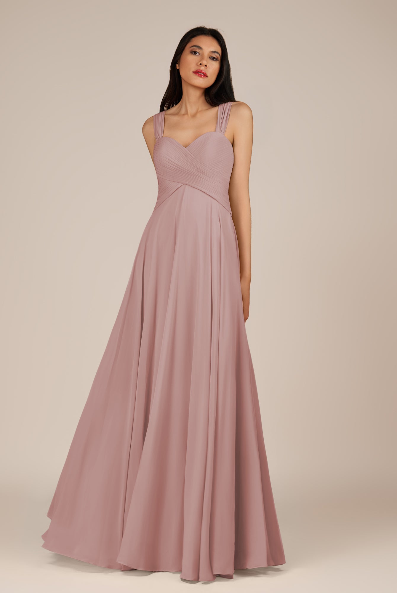 KissDress-Cerelia Dusty Rose A Line V Neck Chiffon Long Bridesmaid Dress with Pleats