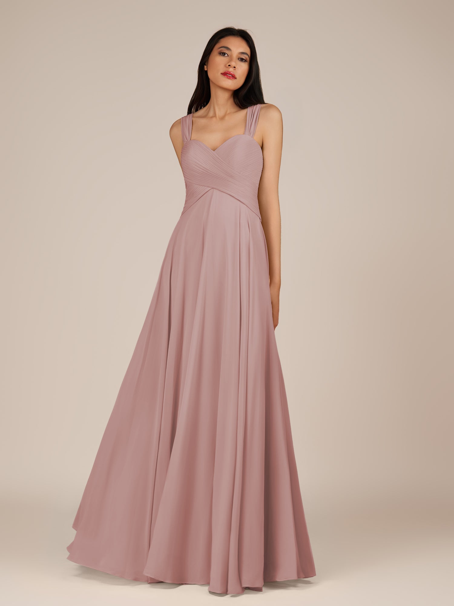 KissDress-Cerelia Dusty Rose A Line V Neck Chiffon Long Bridesmaid Dress with Pleats