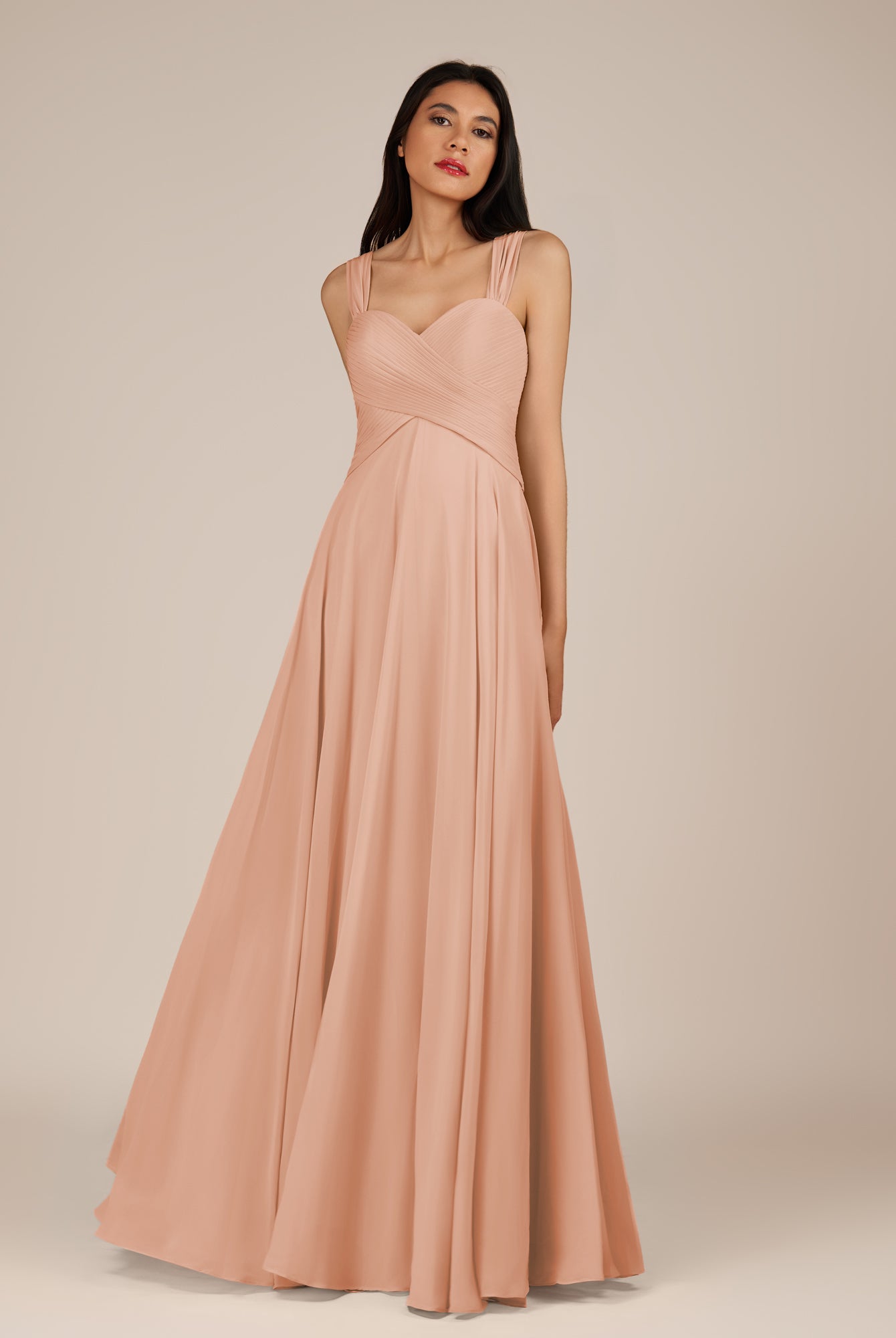 KissDress-Cerelia English Rose A Line V Neck Chiffon Long Bridesmaid Dress with Pleats