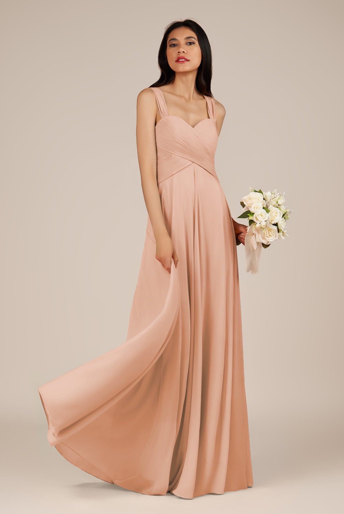 KissDress-Cerelia English Rose A Line V Neck Chiffon Long Bridesmaid Dress with Pleats