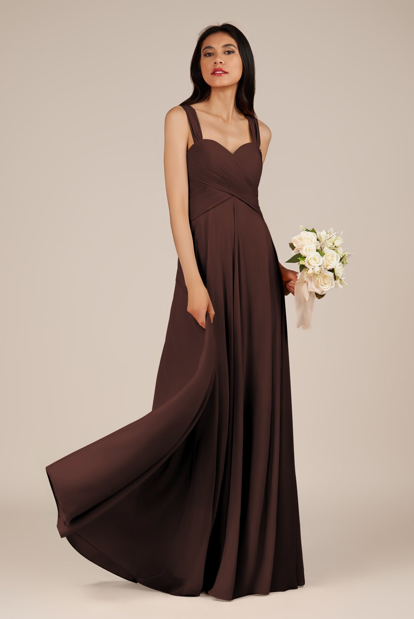 KissDress-Cerelia Espresso A Line V Neck Chiffon Long Bridesmaid Dress with Pleats