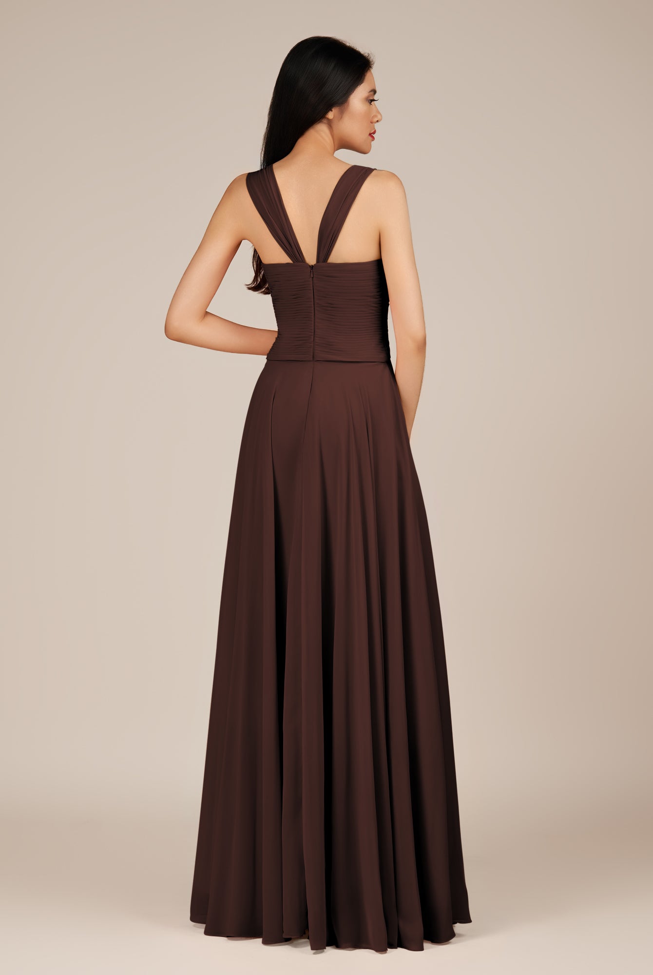 KissDress-Cerelia Espresso A Line V Neck Chiffon Long Bridesmaid Dress with Pleats