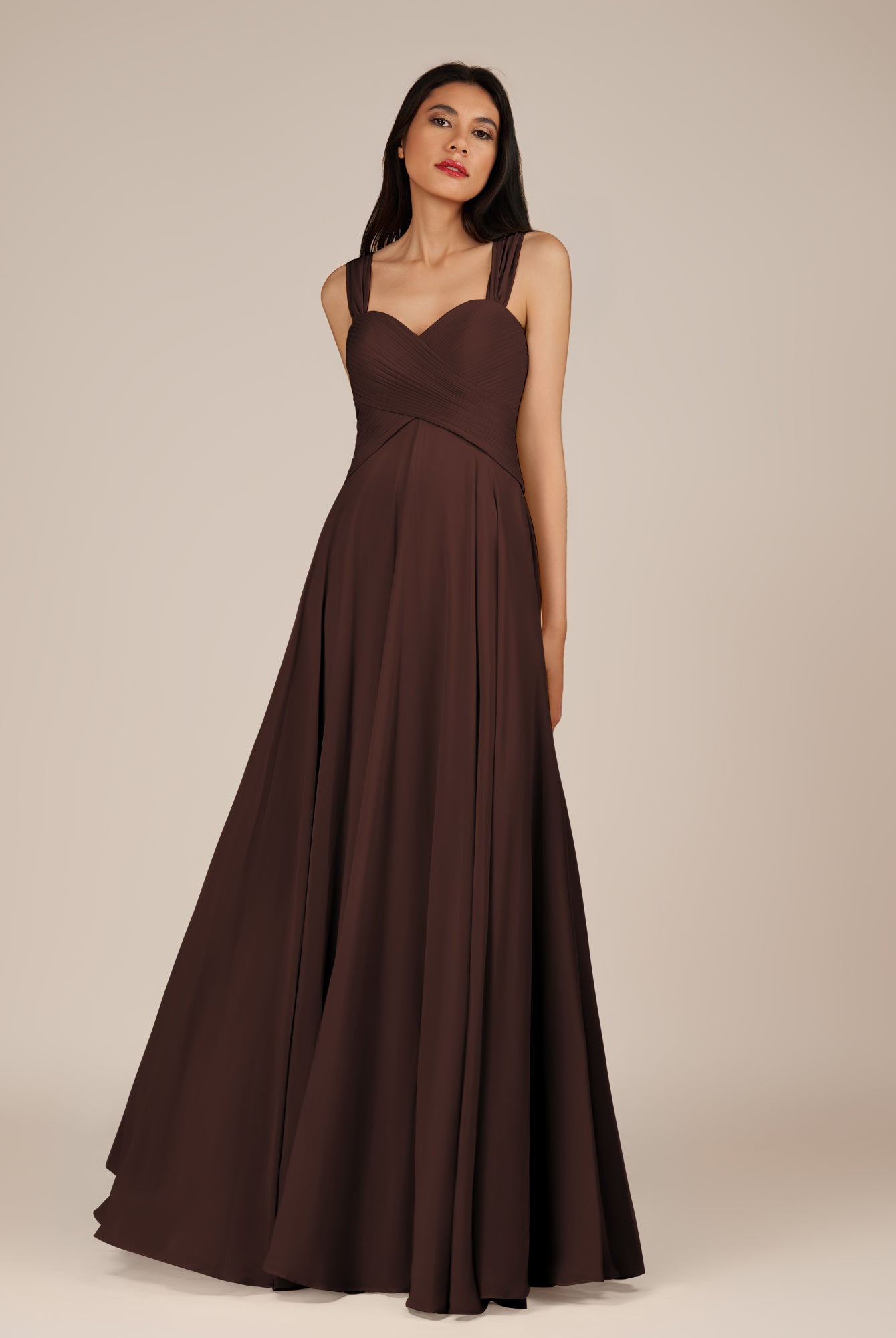 KissDress-Cerelia Espresso A Line V Neck Chiffon Long Bridesmaid Dress with Pleats