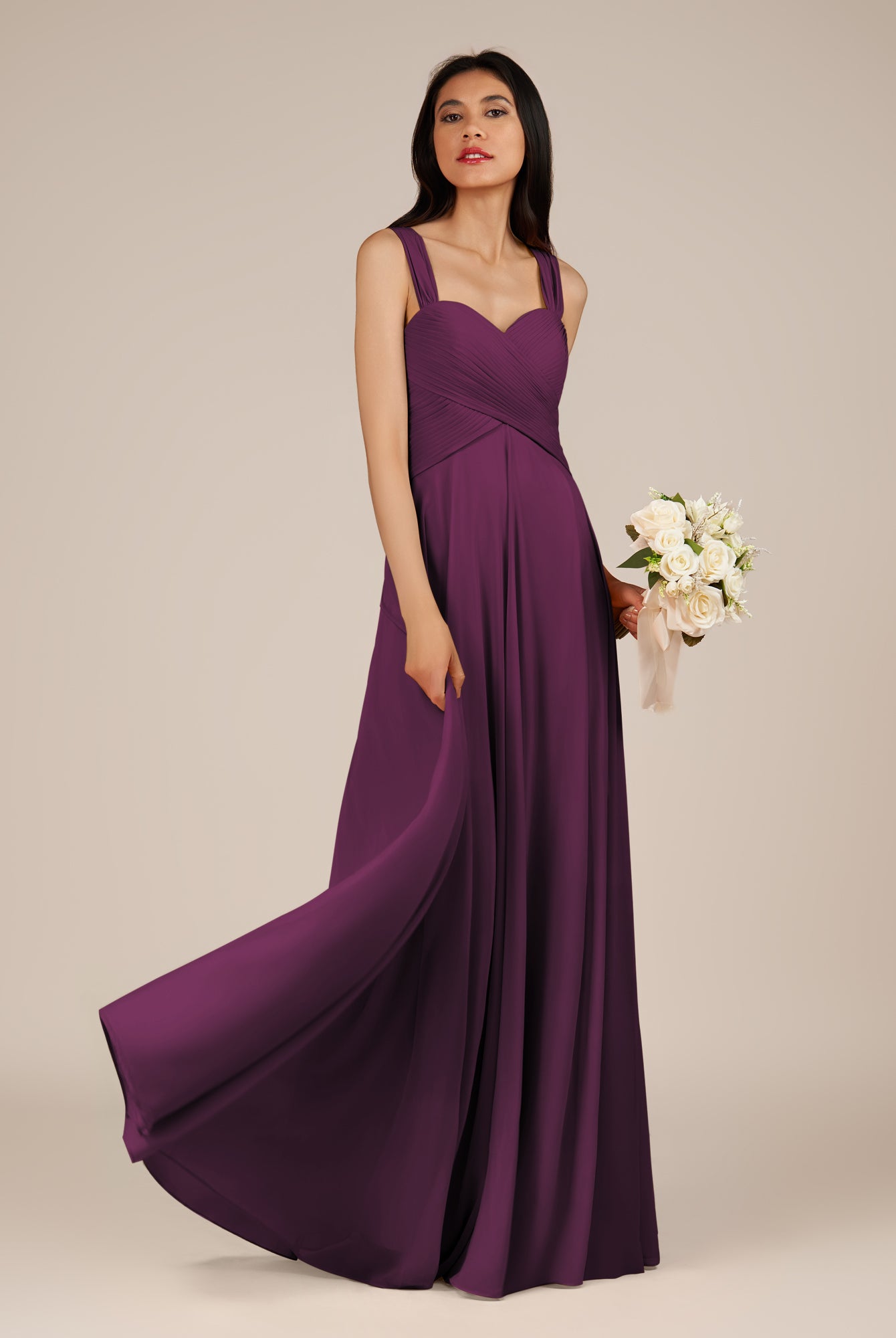 KissDress-Cerelia Fig A Line V Neck Chiffon Long Bridesmaid Dress with Pleats