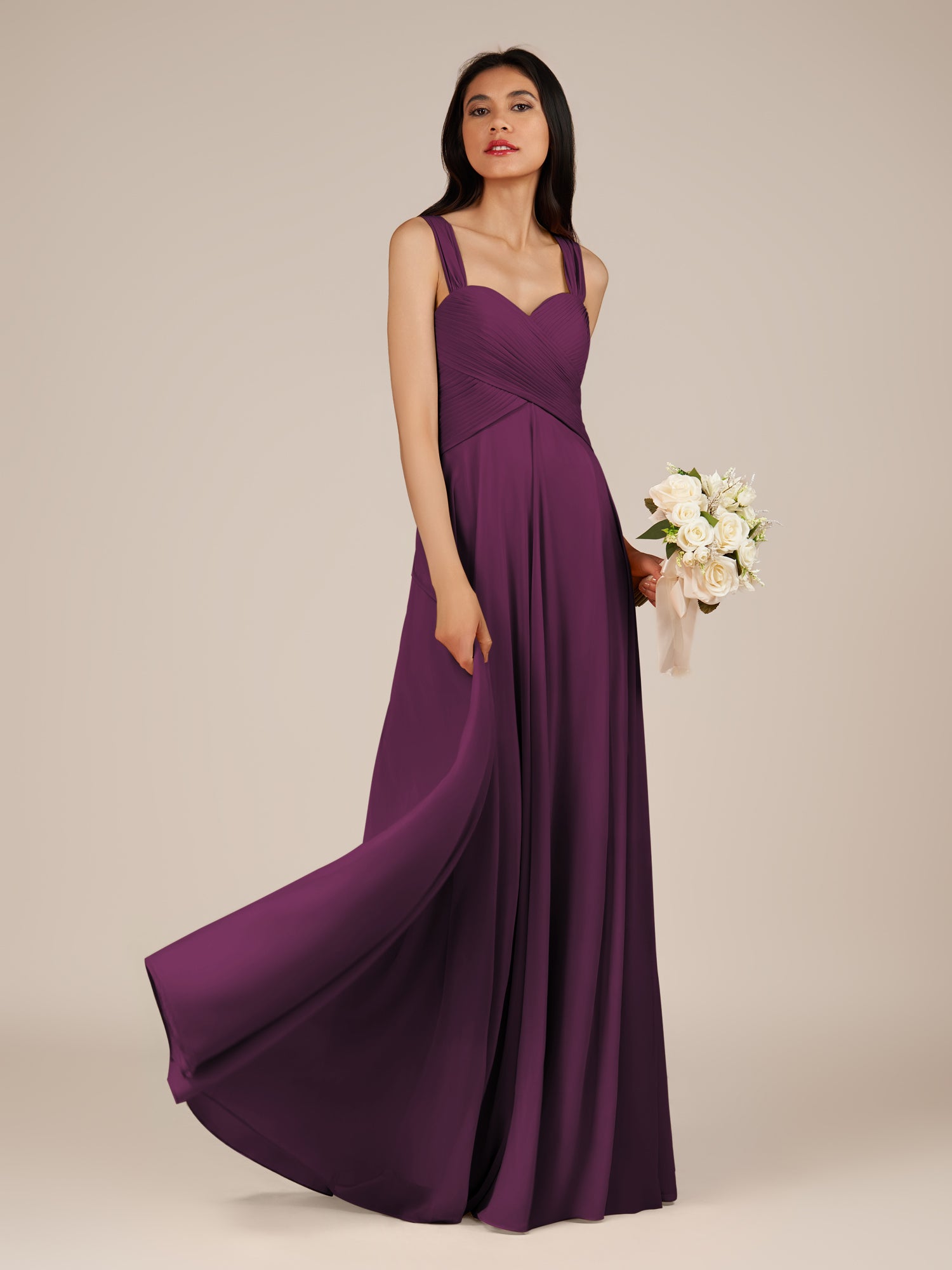 KissDress-Cerelia Fig A Line V Neck Chiffon Long Bridesmaid Dress with Pleats