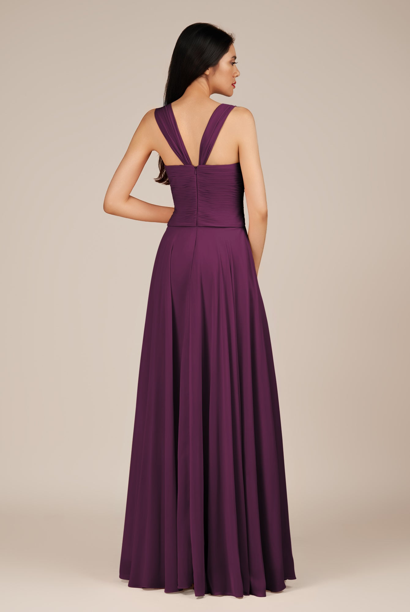 KissDress-Cerelia Fig A Line V Neck Chiffon Long Bridesmaid Dress with Pleats
