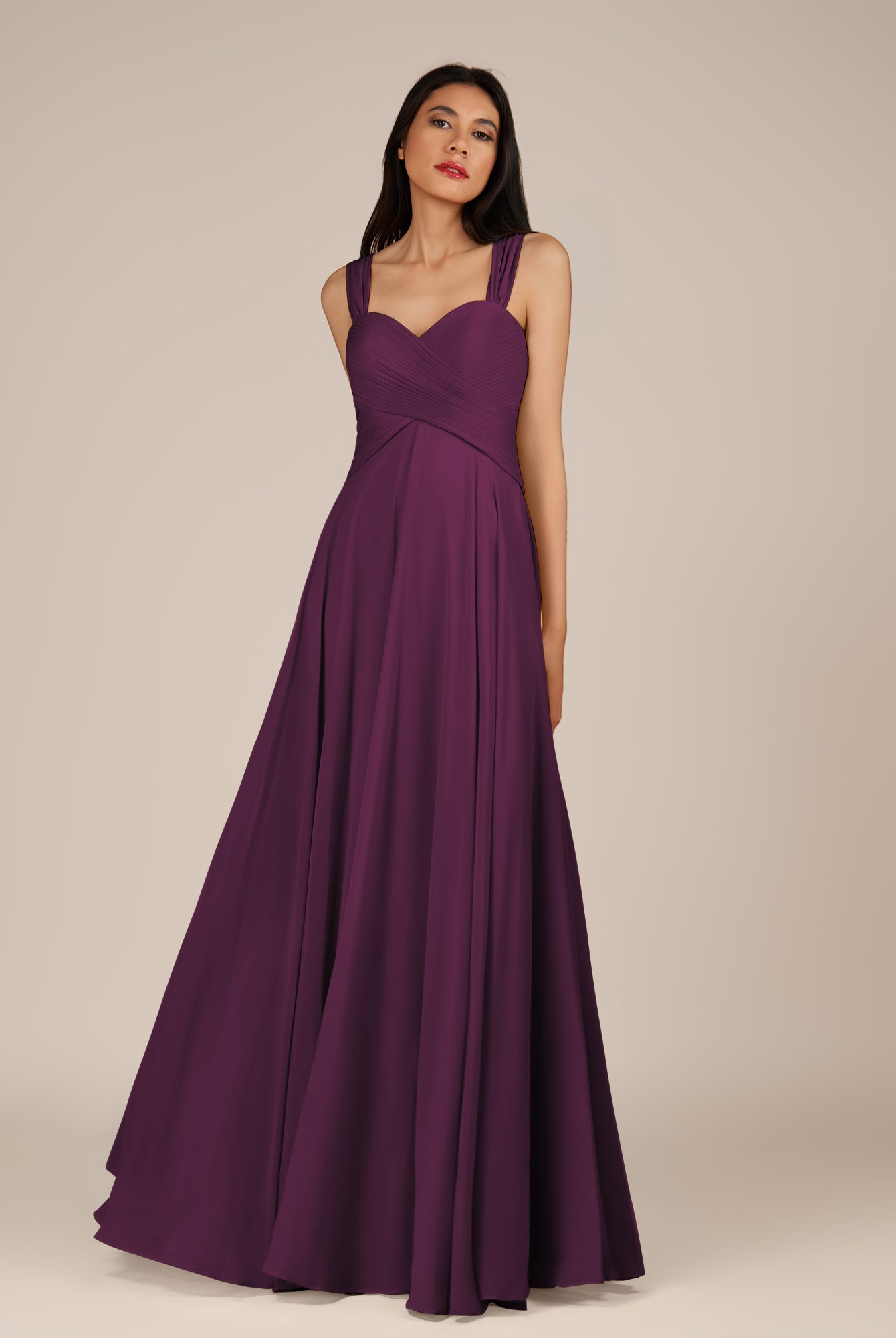 KissDress-Cerelia Fig A Line V Neck Chiffon Long Bridesmaid Dress with Pleats