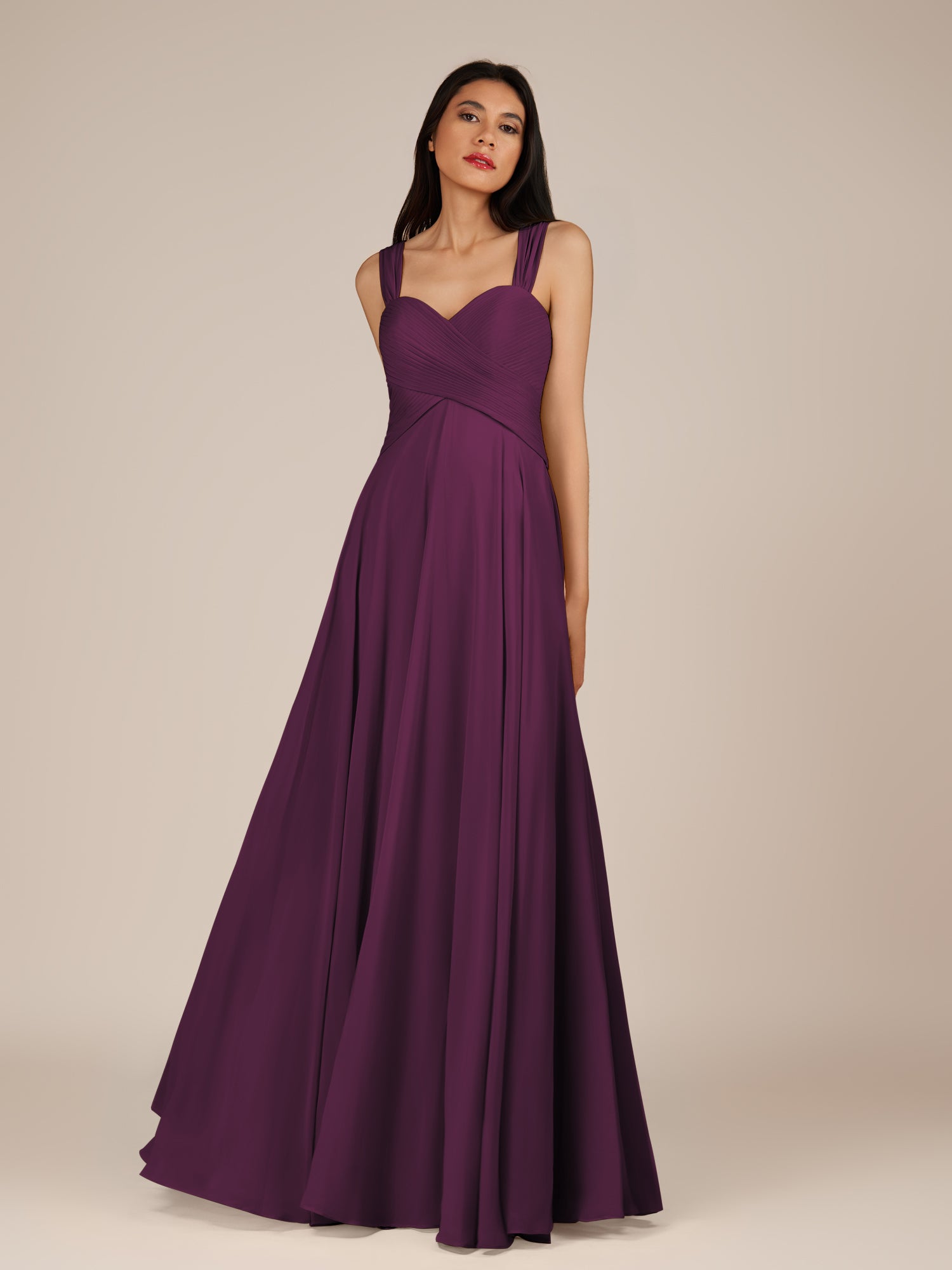 KissDress-Cerelia Fig A Line V Neck Chiffon Long Bridesmaid Dress with Pleats