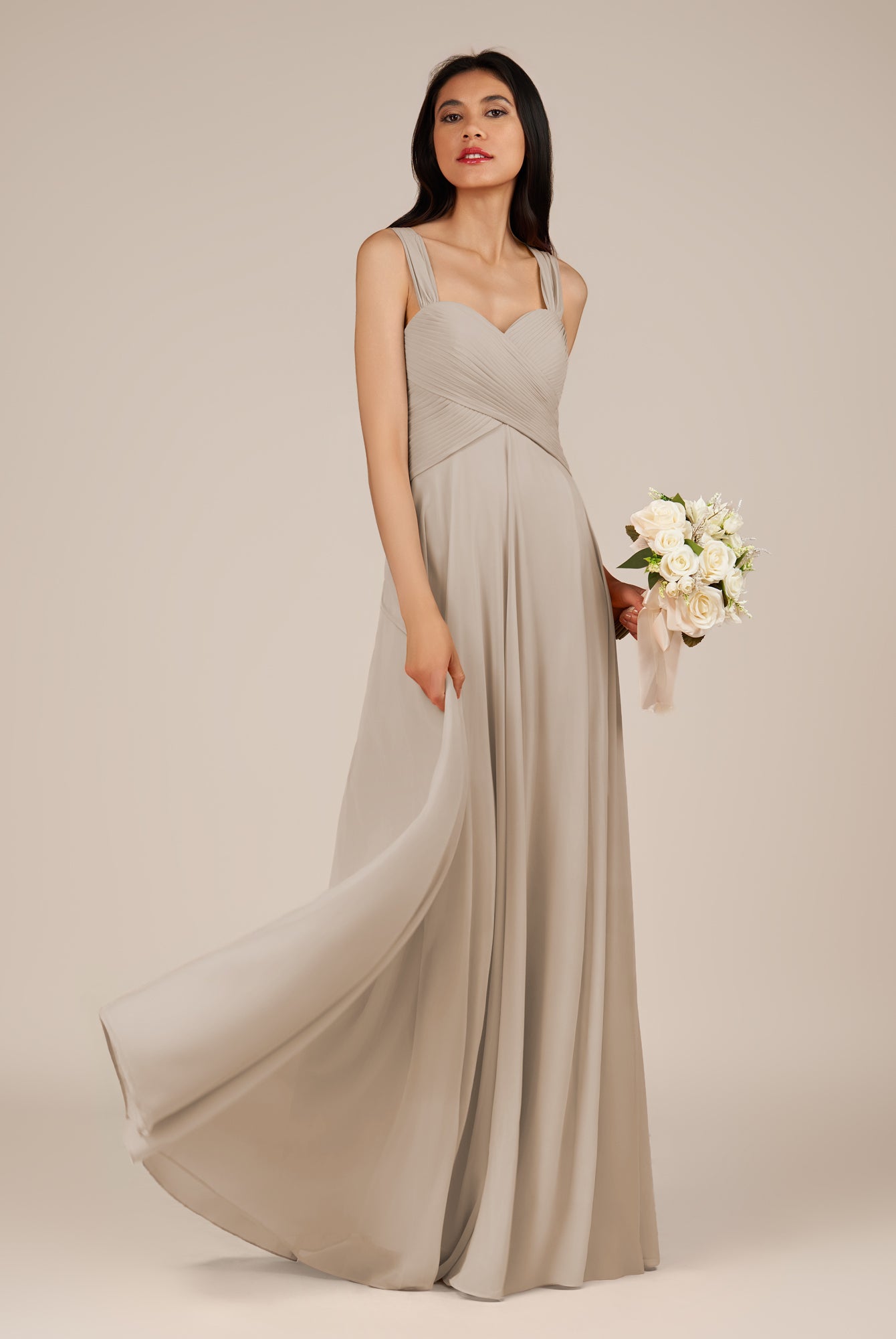 KissDress-Cerelia Frost A Line V Neck Chiffon Long Bridesmaid Dress with Pleats