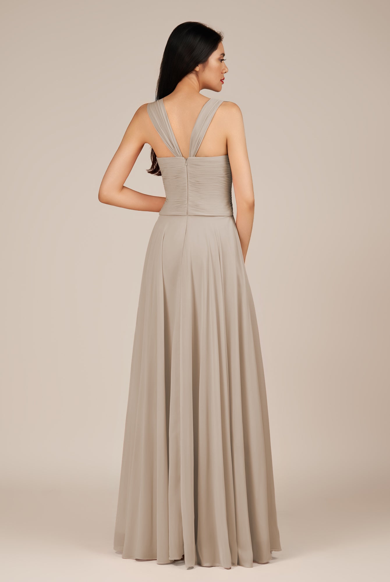 KissDress-Cerelia Frost A Line V Neck Chiffon Long Bridesmaid Dress with Pleats