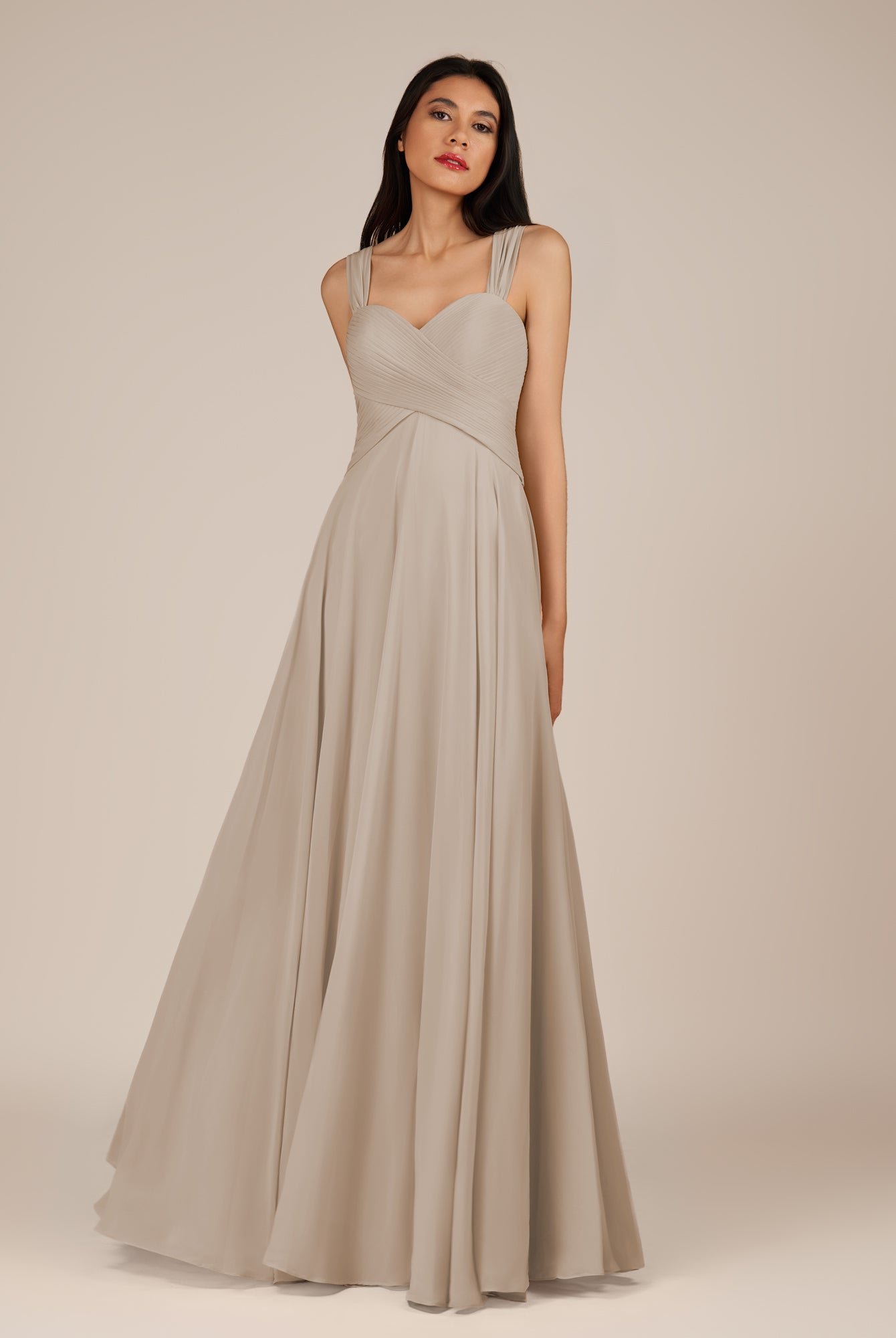 KissDress-Cerelia Frost A Line V Neck Chiffon Long Bridesmaid Dress with Pleats