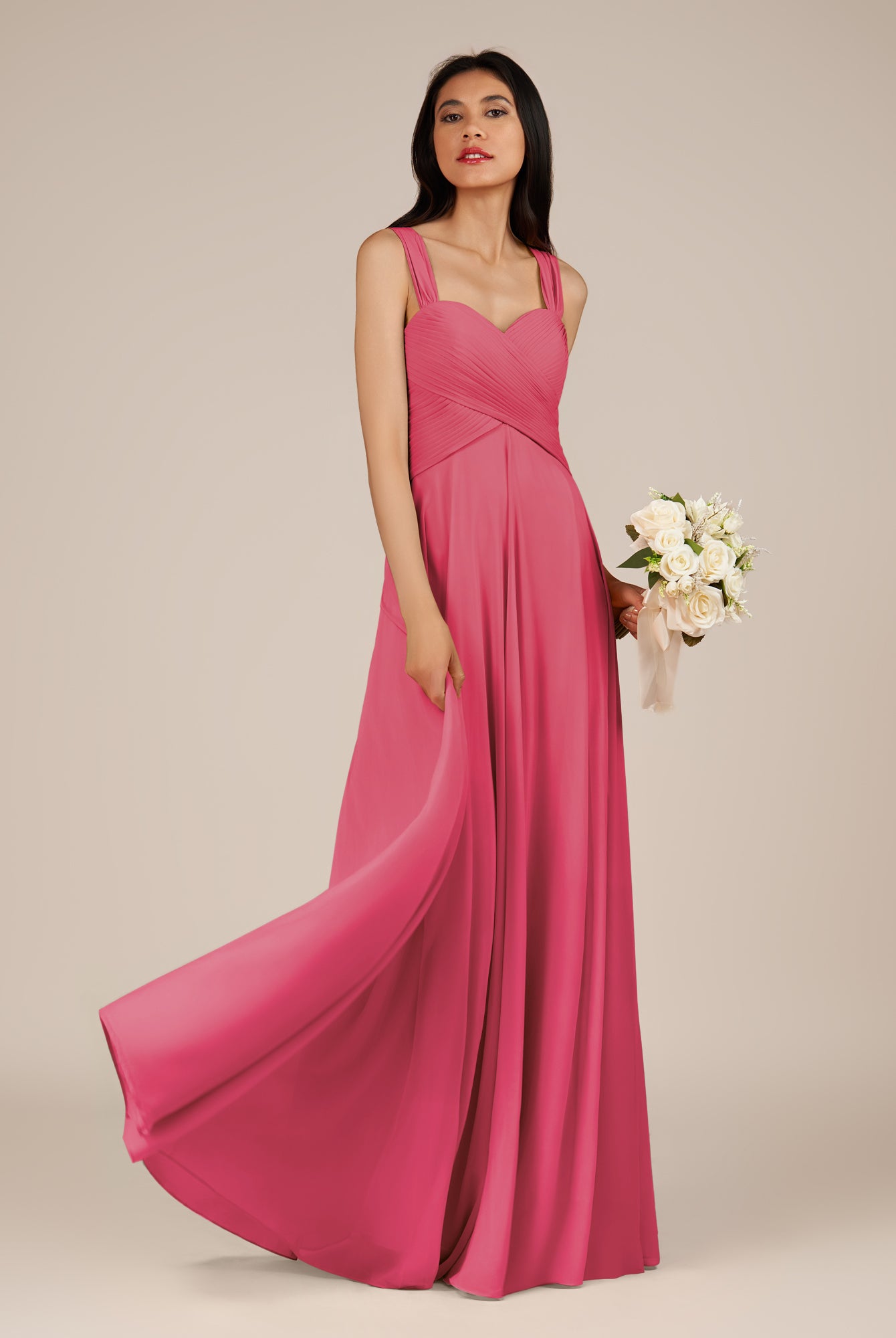 KissDress-Cerelia Fuchsia A Line V Neck Chiffon Long Bridesmaid Dress with Pleats