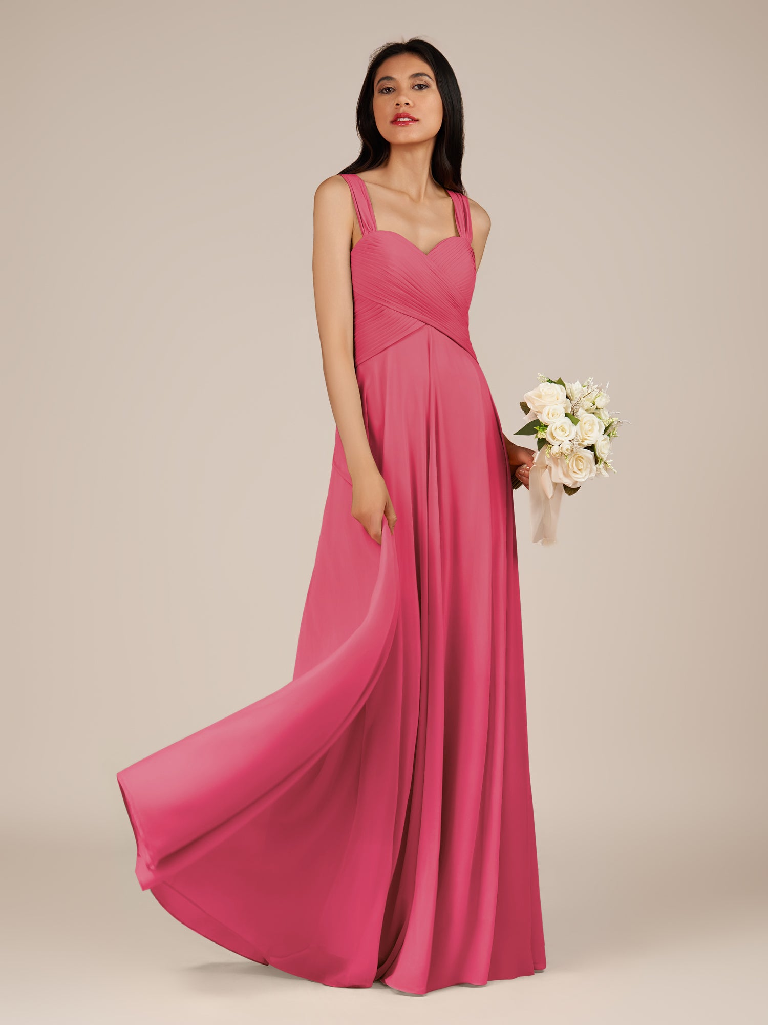 KissDress-Cerelia Fuchsia A Line V Neck Chiffon Long Bridesmaid Dress with Pleats