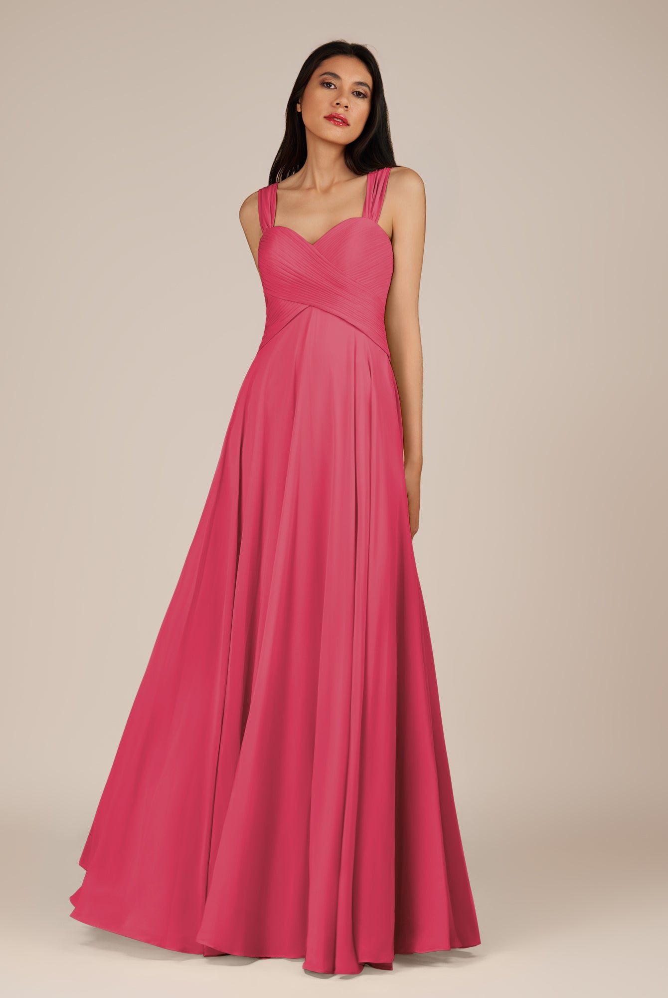 KissDress-Cerelia Fuchsia A Line V Neck Chiffon Long Bridesmaid Dress with Pleats