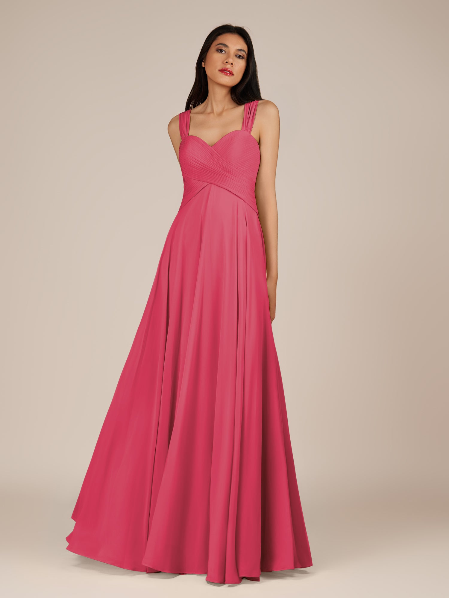 KissDress-Cerelia Fuchsia A Line V Neck Chiffon Long Bridesmaid Dress with Pleats