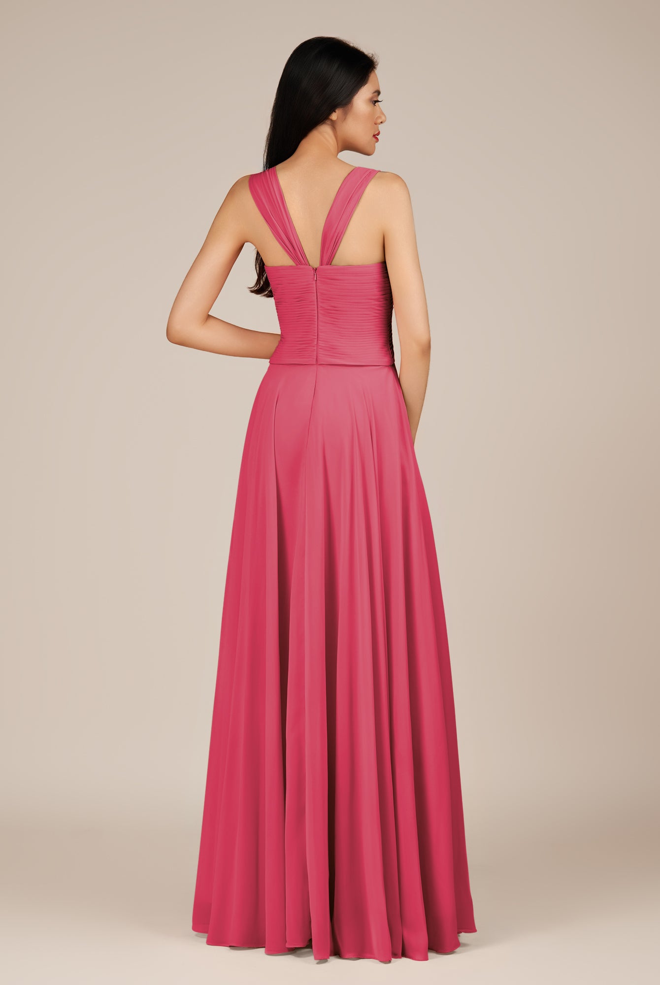 KissDress-Cerelia Fuchsia A Line V Neck Chiffon Long Bridesmaid Dress with Pleats