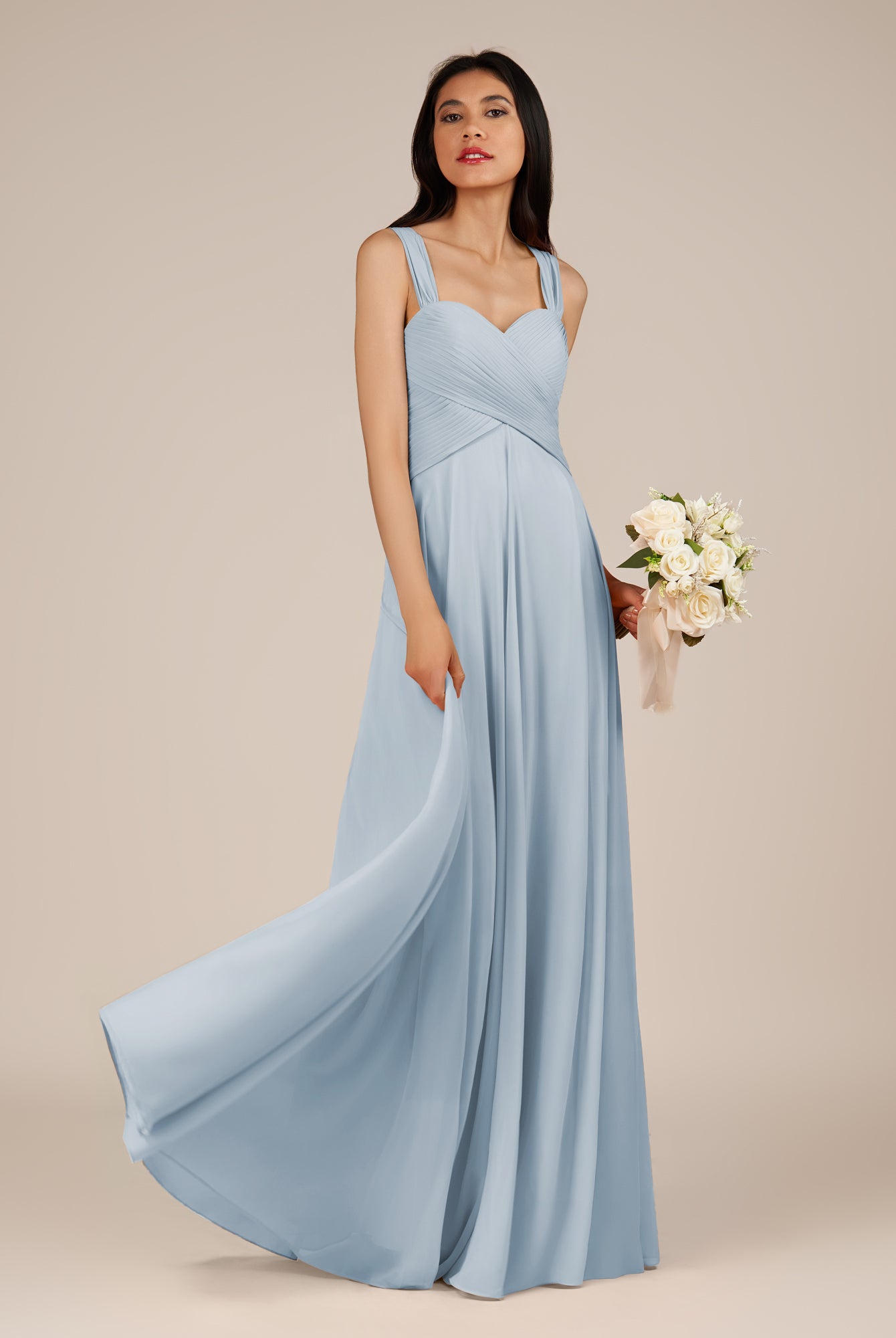 KissDress-Cerelia Ice A Line V Neck Chiffon Long Bridesmaid Dress with Pleats