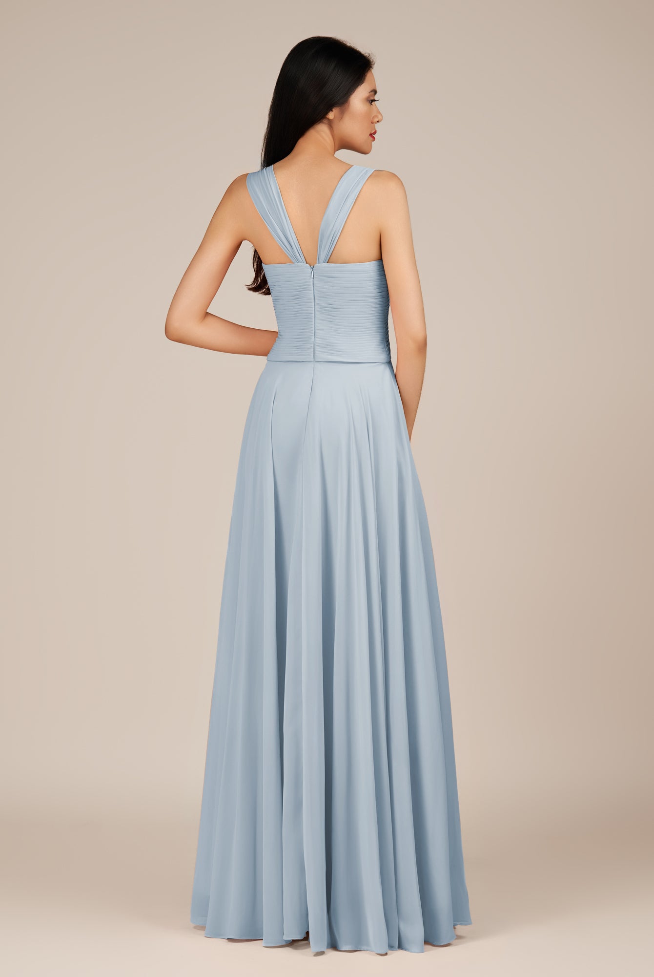 KissDress-Cerelia Ice A Line V Neck Chiffon Long Bridesmaid Dress with Pleats