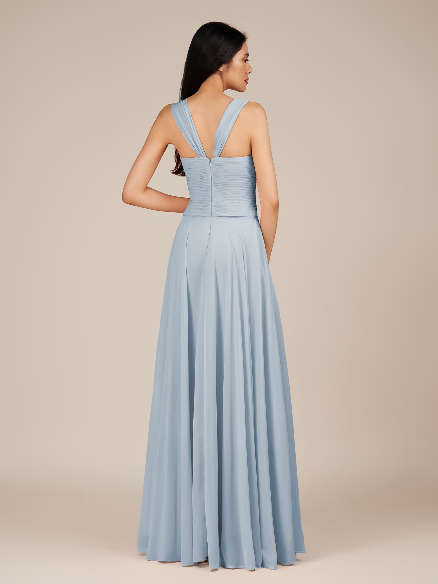 KissDress-Cerelia Ice A Line V Neck Chiffon Long Bridesmaid Dress with Pleats