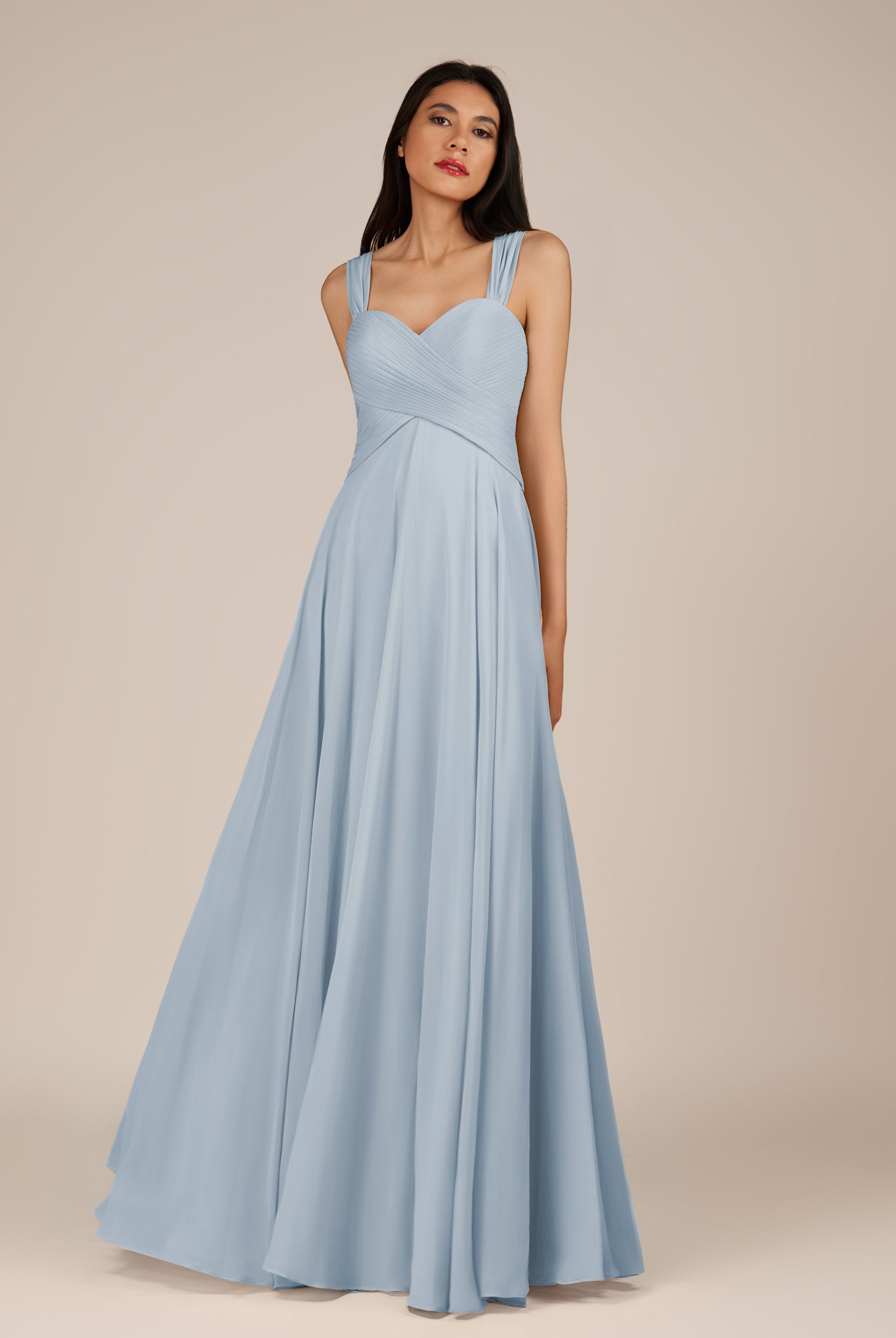 KissDress-Cerelia Ice A Line V Neck Chiffon Long Bridesmaid Dress with Pleats