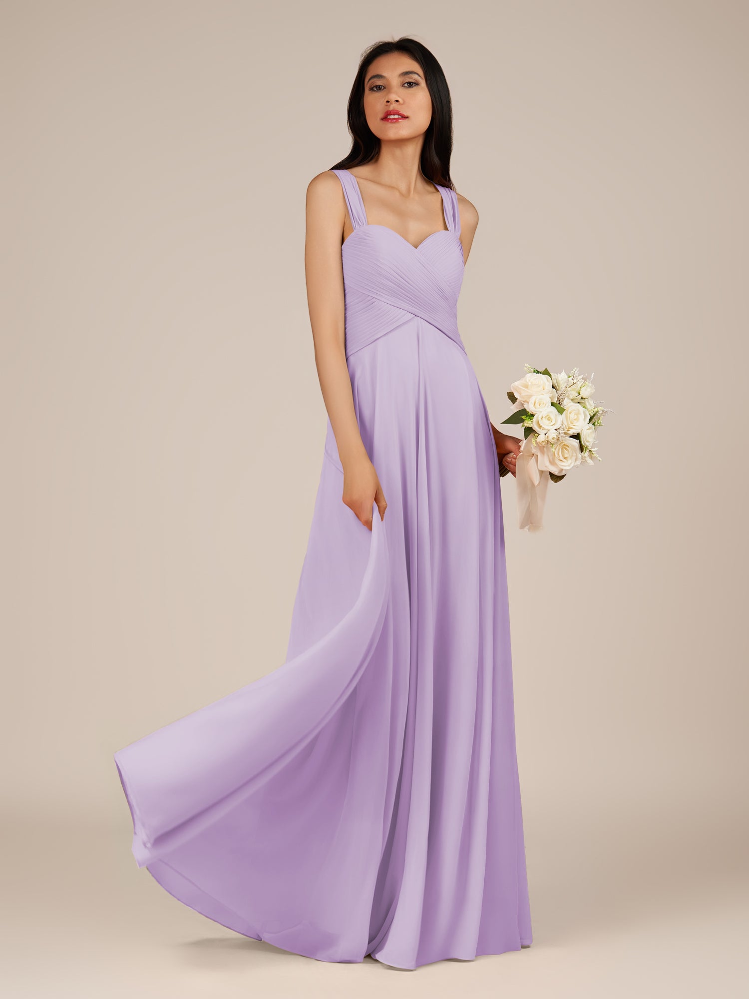 KissDress-Cerelia Lavender A Line V Neck Chiffon Long Bridesmaid Dress with Pleats