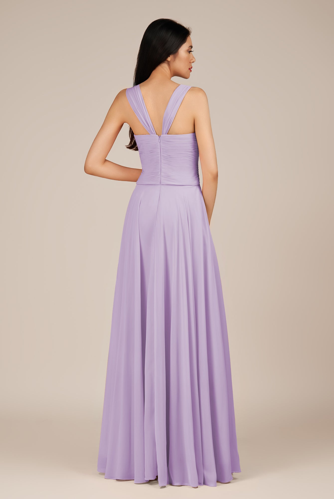 KissDress-Cerelia Lavender A Line V Neck Chiffon Long Bridesmaid Dress with Pleats