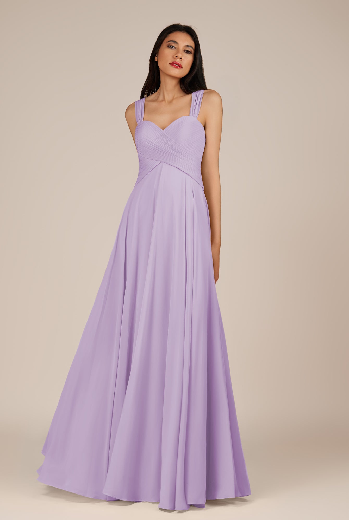 KissDress-Cerelia Lavender A Line V Neck Chiffon Long Bridesmaid Dress with Pleats