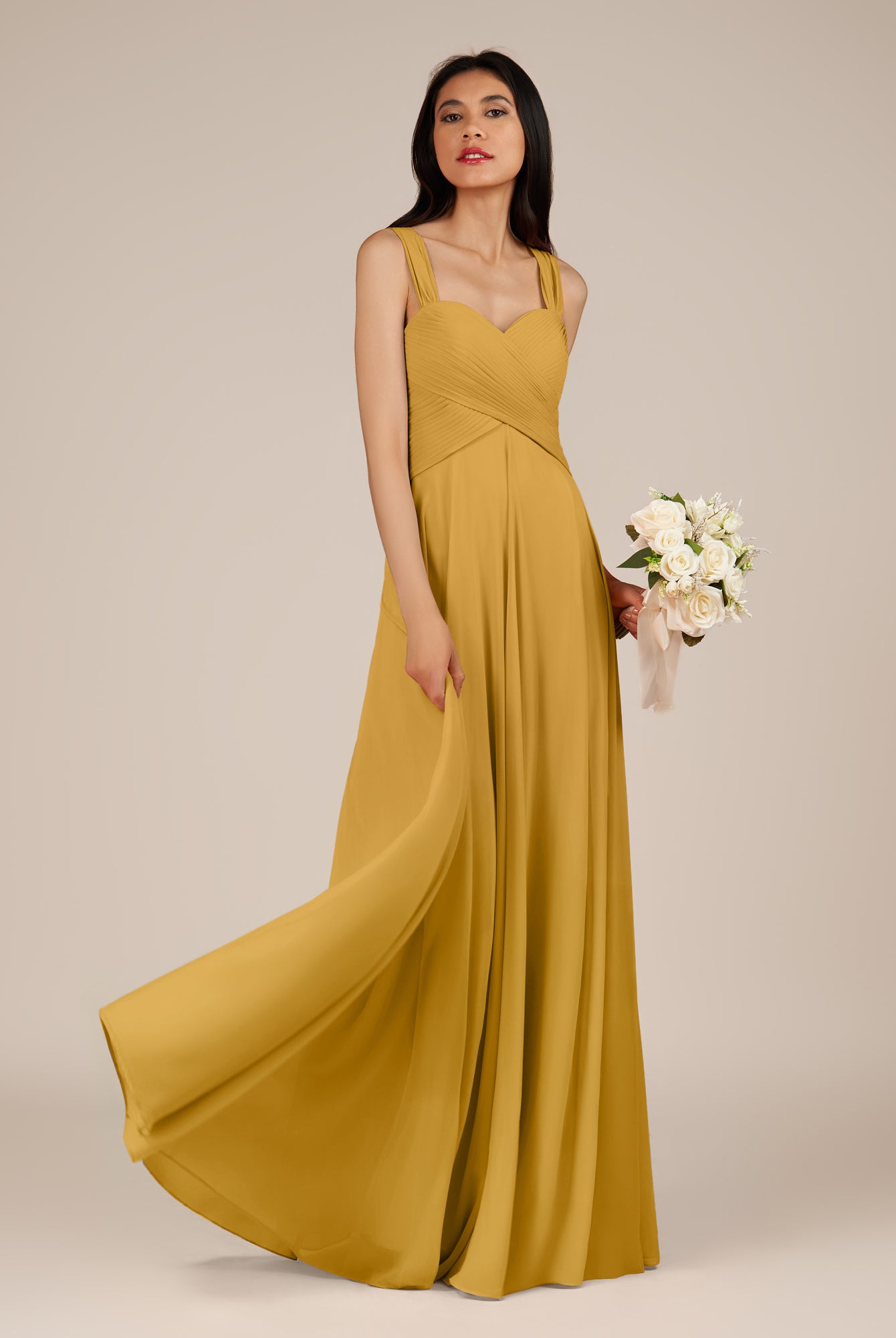 KissDress-Cerelia Marigold A Line V Neck Chiffon Long Bridesmaid Dress with Pleats