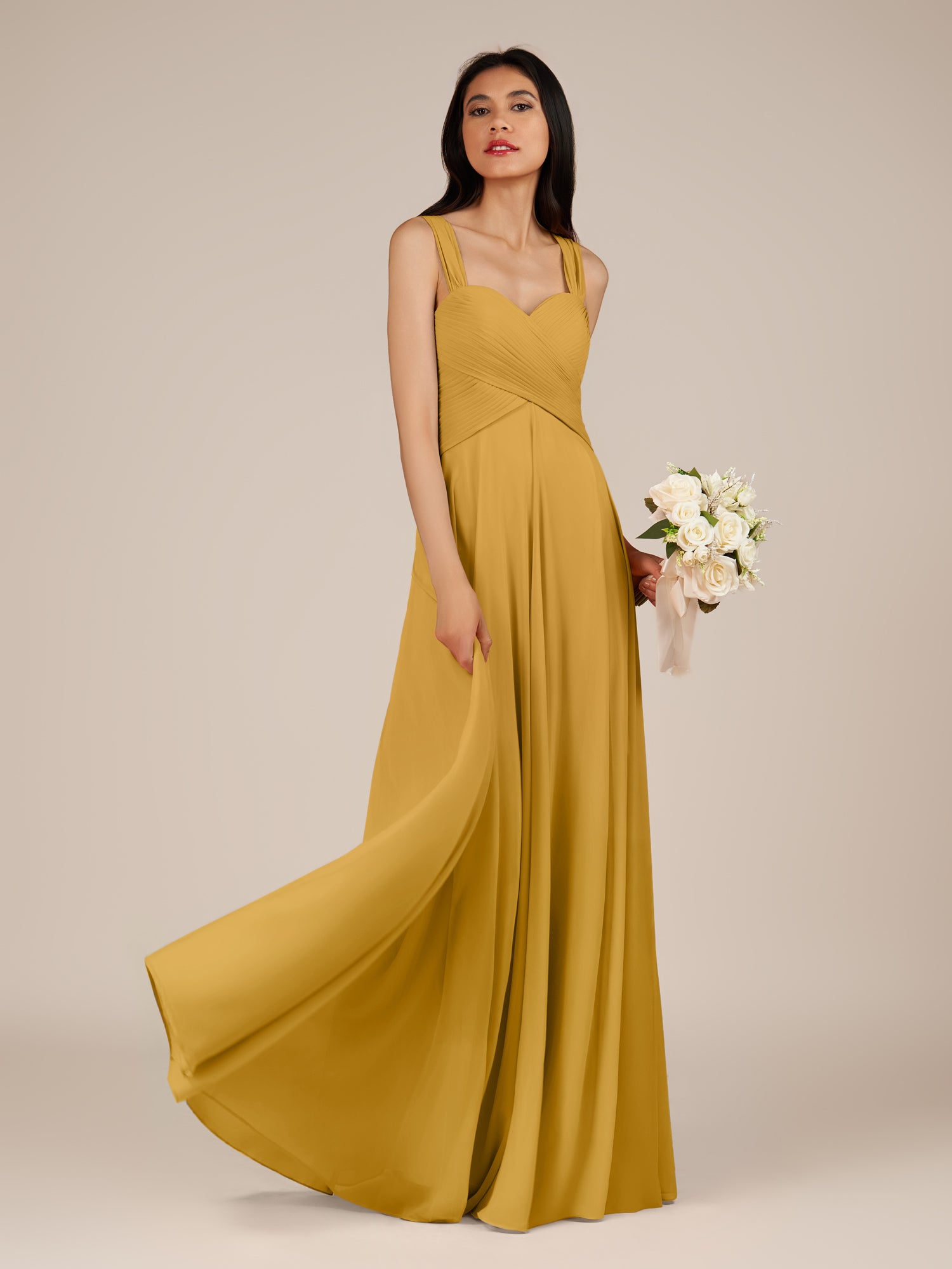 KissDress-Cerelia Marigold A Line V Neck Chiffon Long Bridesmaid Dress with Pleats
