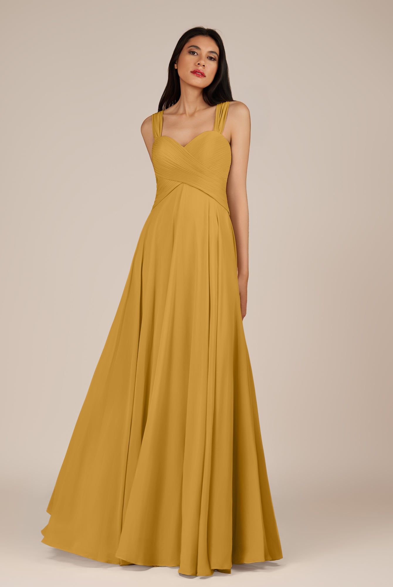 KissDress-Cerelia Marigold A Line V Neck Chiffon Long Bridesmaid Dress with Pleats