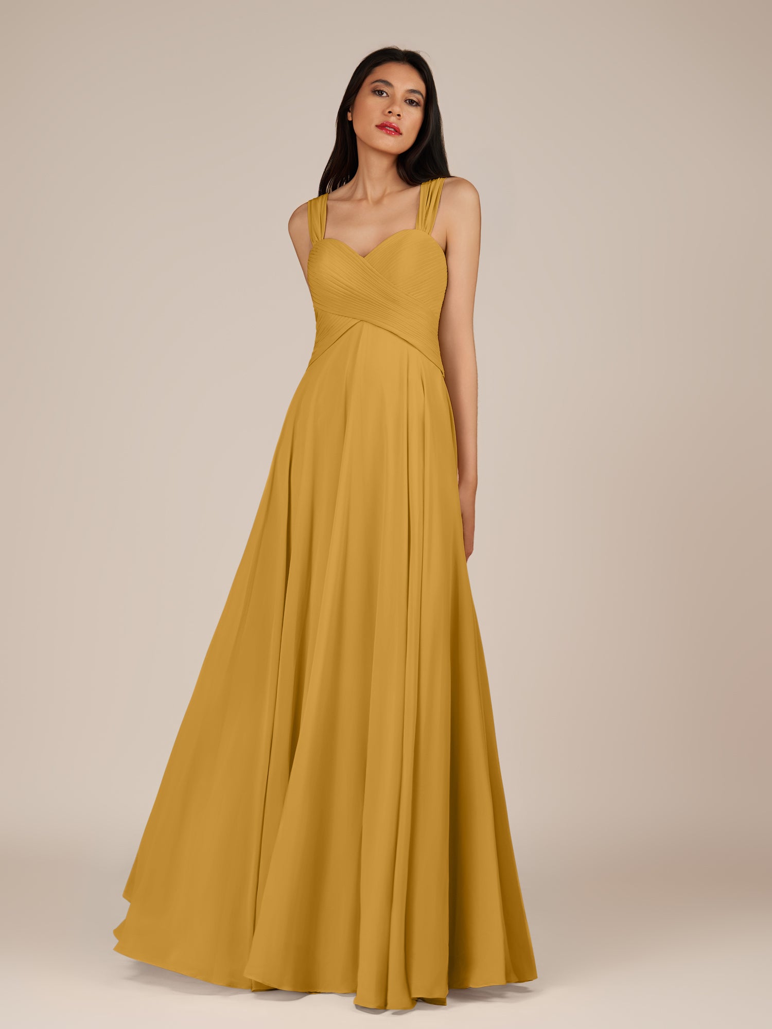 KissDress-Cerelia Marigold A Line V Neck Chiffon Long Bridesmaid Dress with Pleats