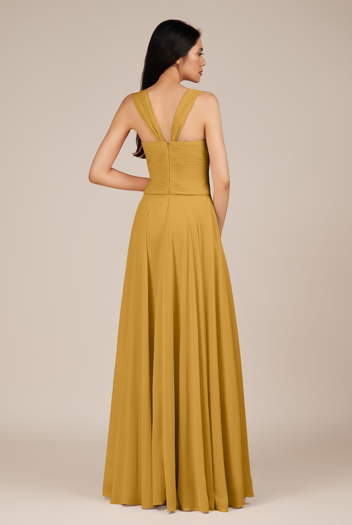 KissDress-Cerelia Marigold A Line V Neck Chiffon Long Bridesmaid Dress with Pleats