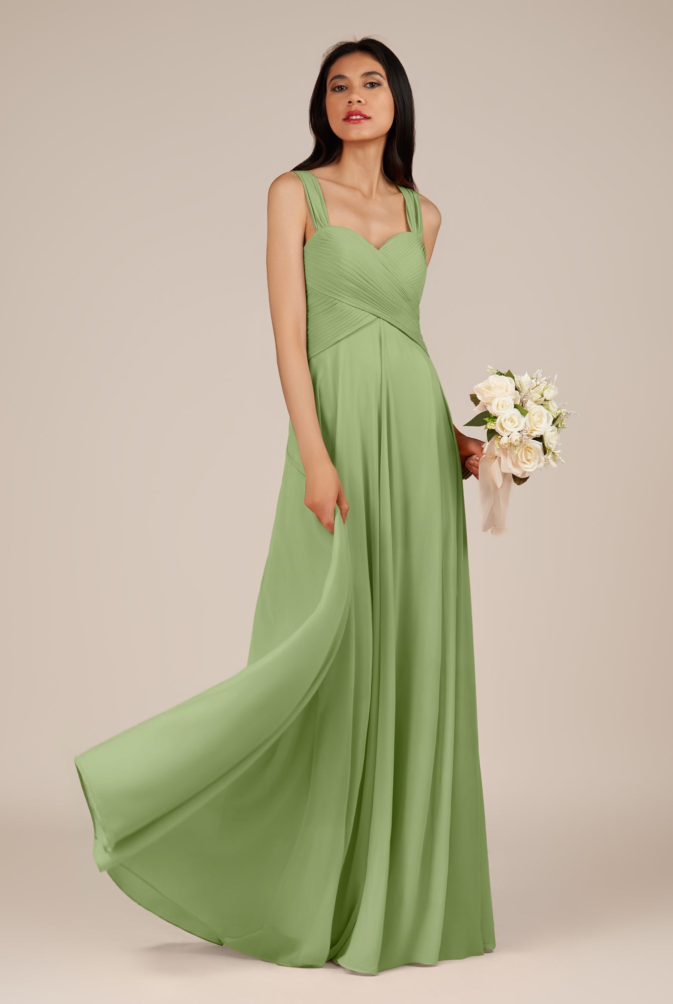 KissDress-Cerelia Matcha A Line V Neck Chiffon Long Bridesmaid Dress with Pleats