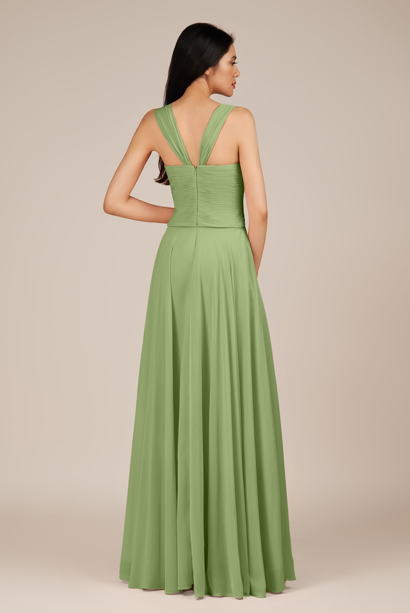 KissDress-Cerelia Matcha A Line V Neck Chiffon Long Bridesmaid Dress with Pleats