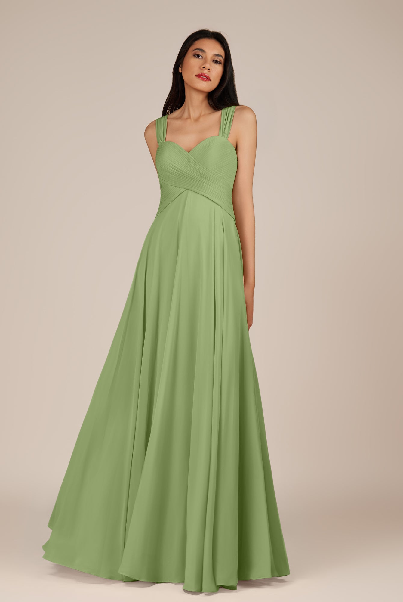 KissDress-Cerelia Matcha A Line V Neck Chiffon Long Bridesmaid Dress with Pleats