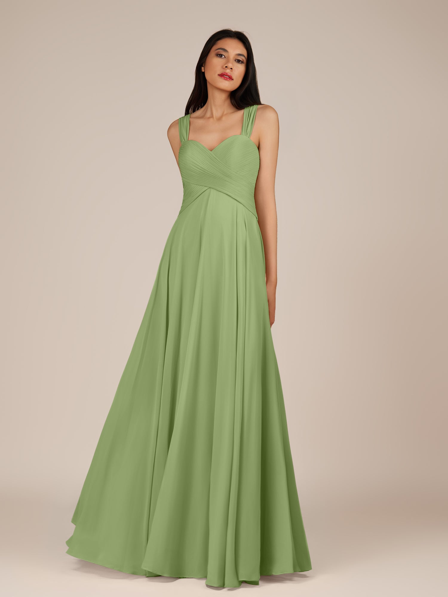 KissDress-Cerelia Matcha A Line V Neck Chiffon Long Bridesmaid Dress with Pleats
