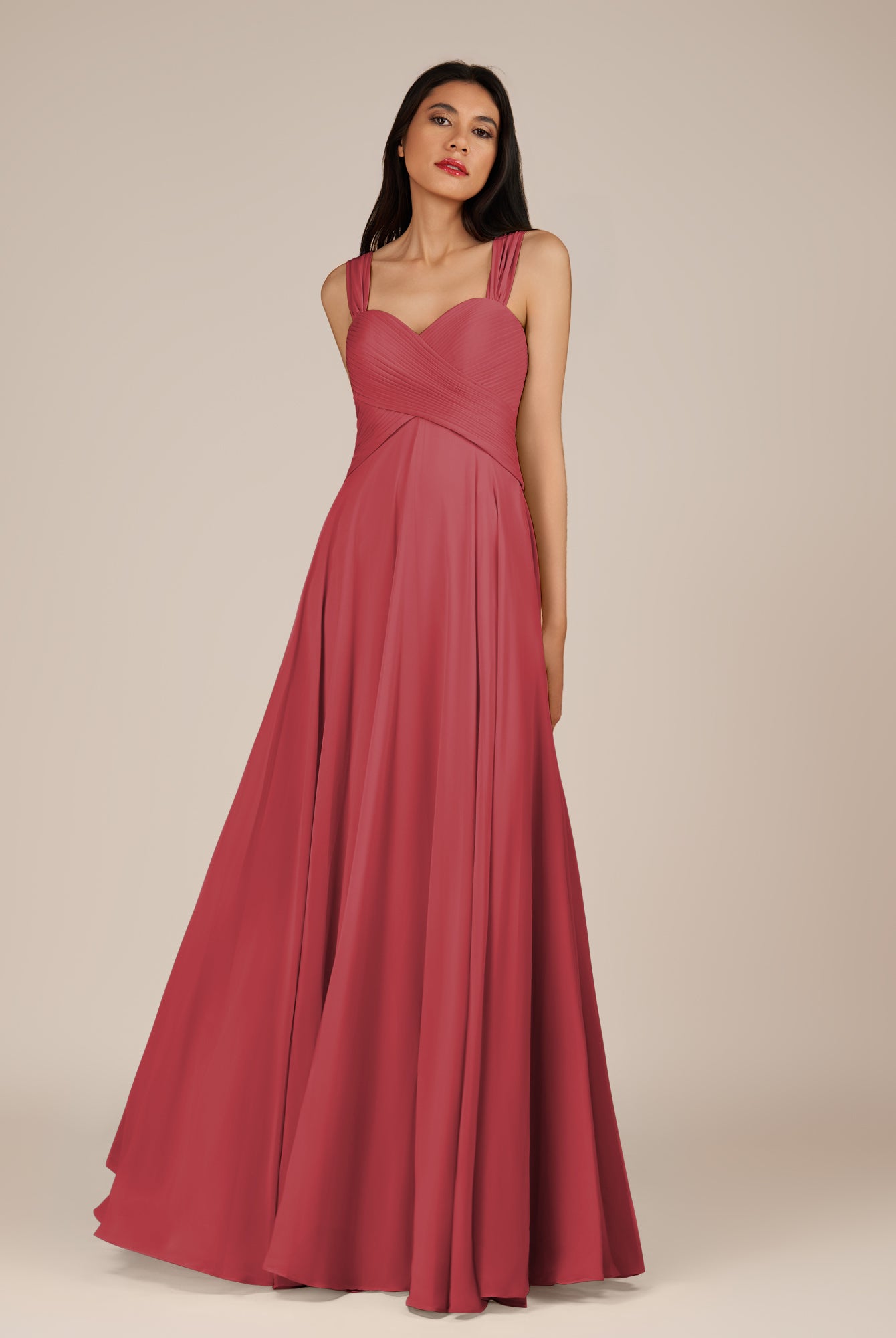 KissDress-Cerelia Merlot A Line V Neck Chiffon Long Bridesmaid Dress with Pleats