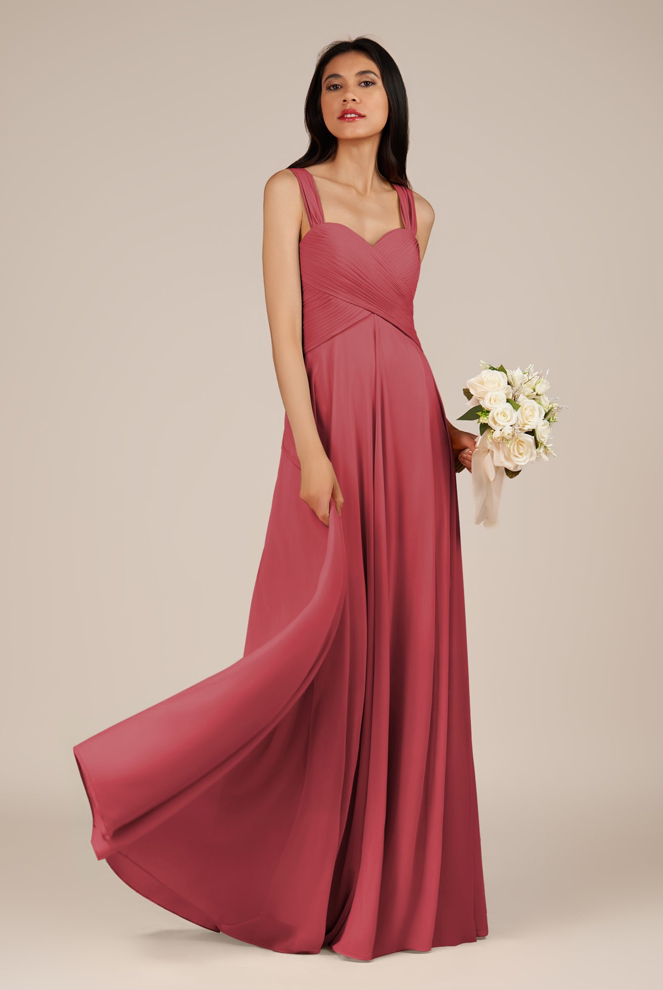 KissDress-Cerelia Merlot A Line V Neck Chiffon Long Bridesmaid Dress with Pleats