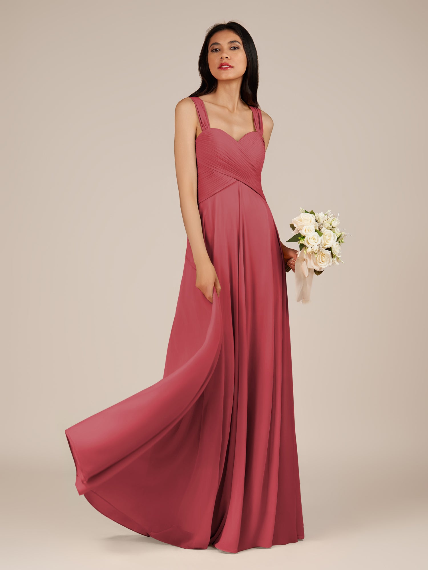 KissDress-Cerelia Merlot A Line V Neck Chiffon Long Bridesmaid Dress with Pleats