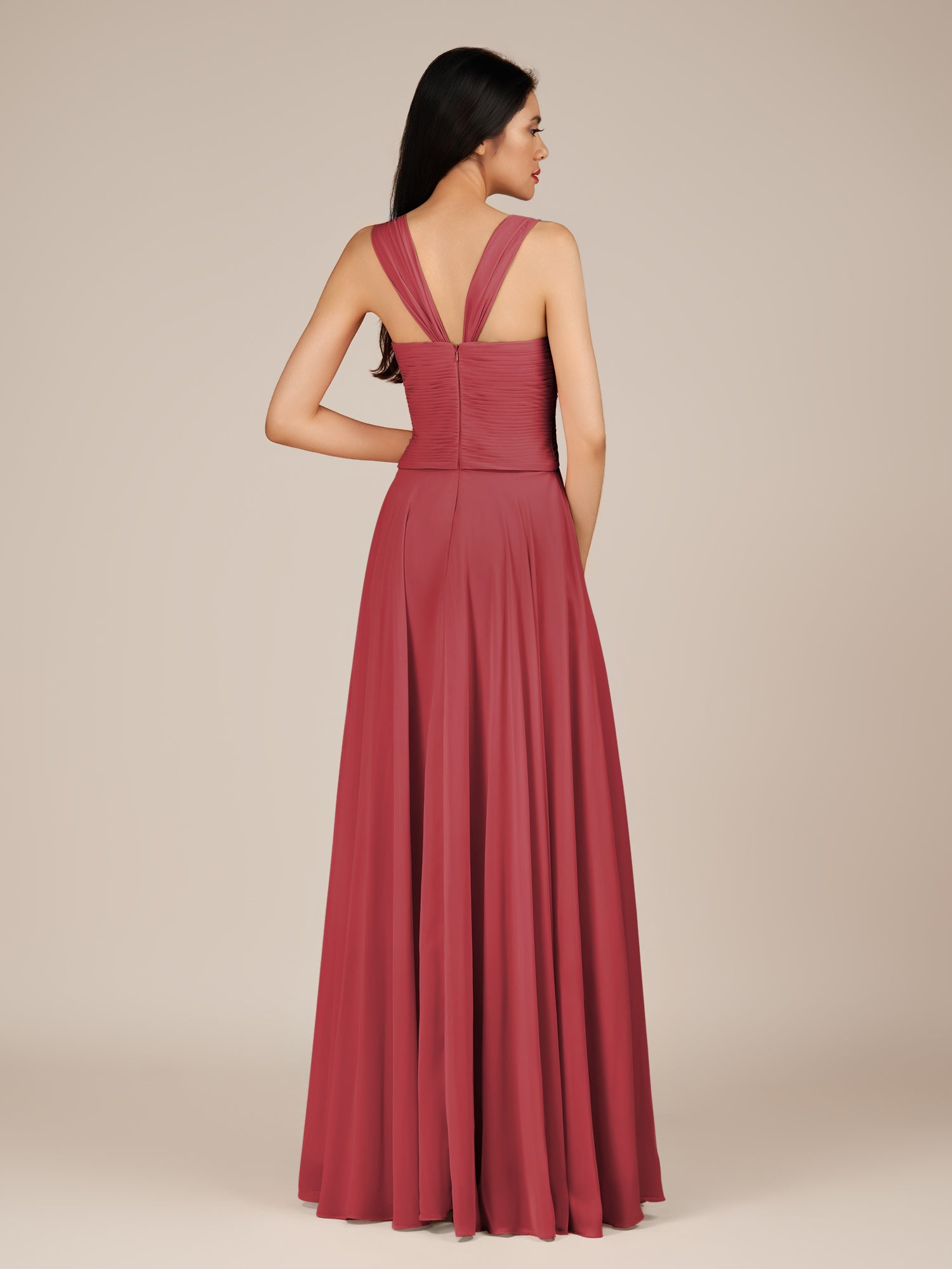 KissDress-Cerelia Merlot A Line V Neck Chiffon Long Bridesmaid Dress with Pleats