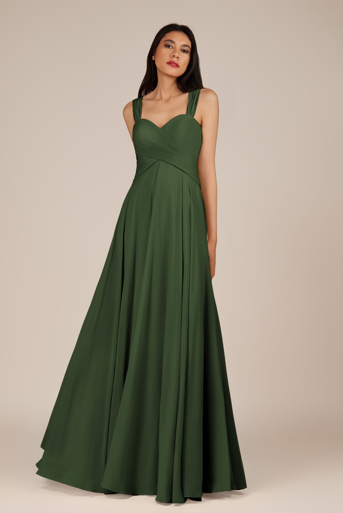 KissDress-Cerelia Moss A Line V Neck Chiffon Long Bridesmaid Dress with Pleats