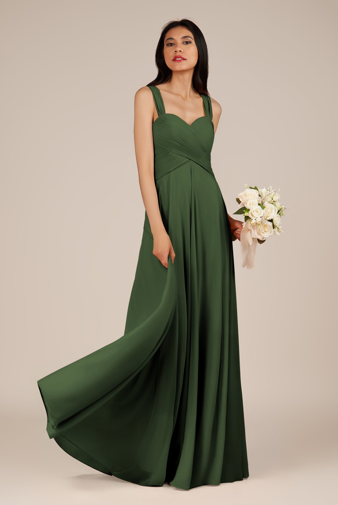 KissDress-Cerelia Moss A Line V Neck Chiffon Long Bridesmaid Dress with Pleats