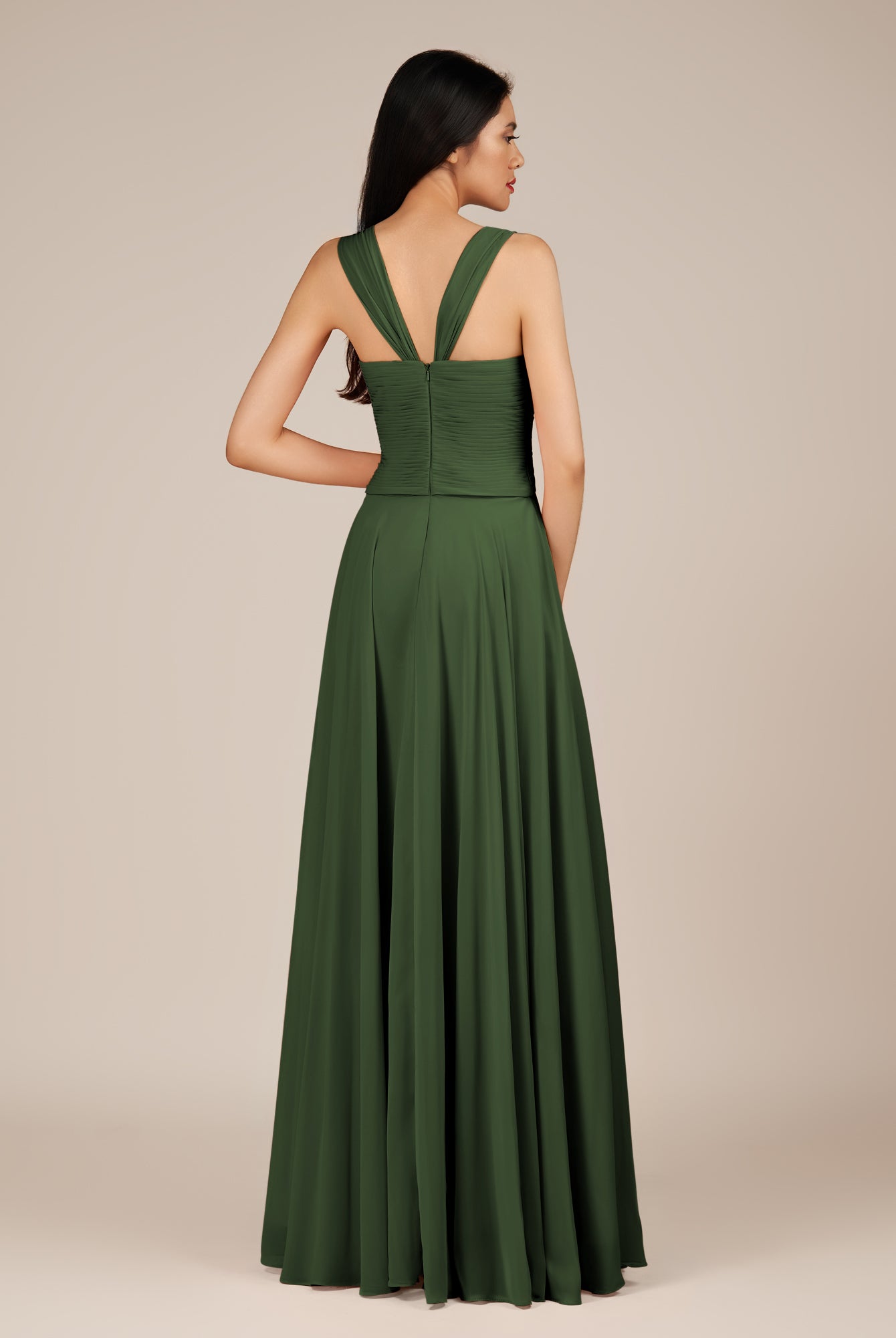 KissDress-Cerelia Moss A Line V Neck Chiffon Long Bridesmaid Dress with Pleats