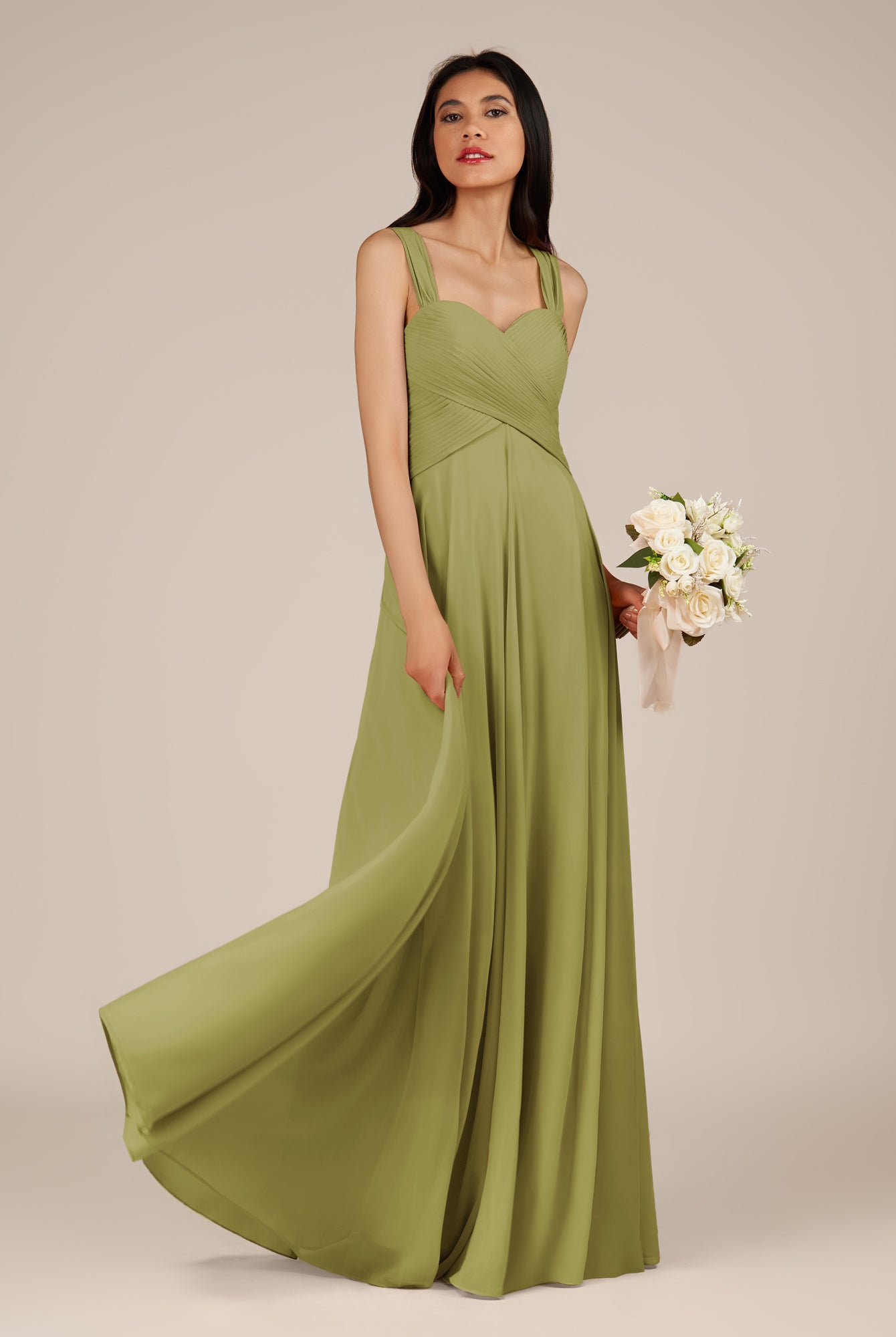 KissDress-Cerelia Moss Green A Line V Neck Chiffon Long Bridesmaid Dress with Pleats