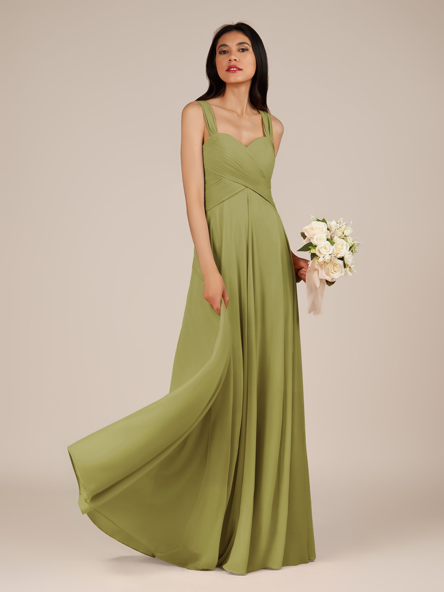 KissDress-Cerelia Moss Green A Line V Neck Chiffon Long Bridesmaid Dress with Pleats